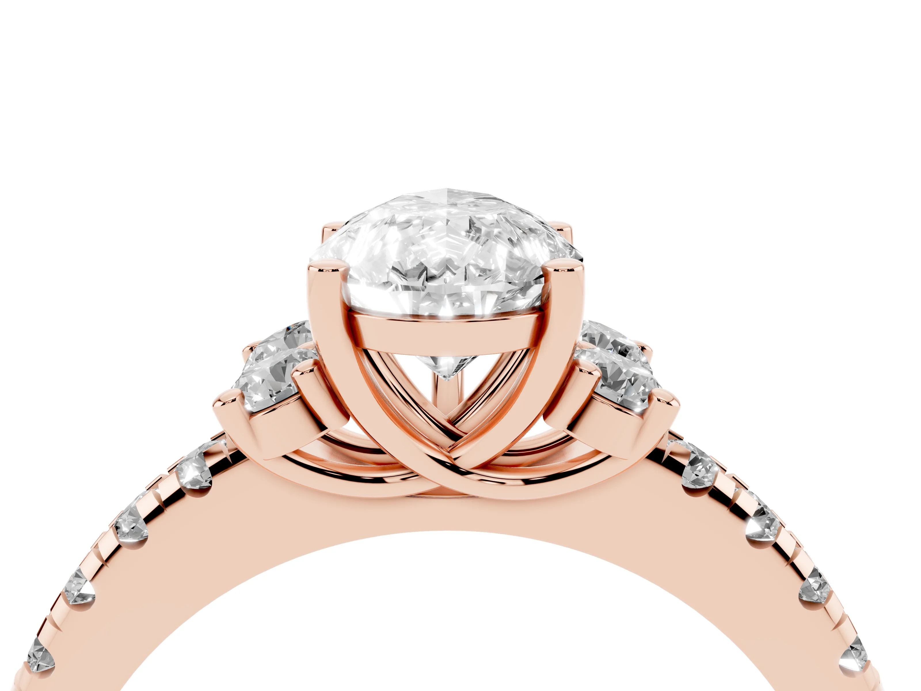 Pear Cut Diamond Three-Stone Pavé Ring Set in Rose gold with Prong Setting