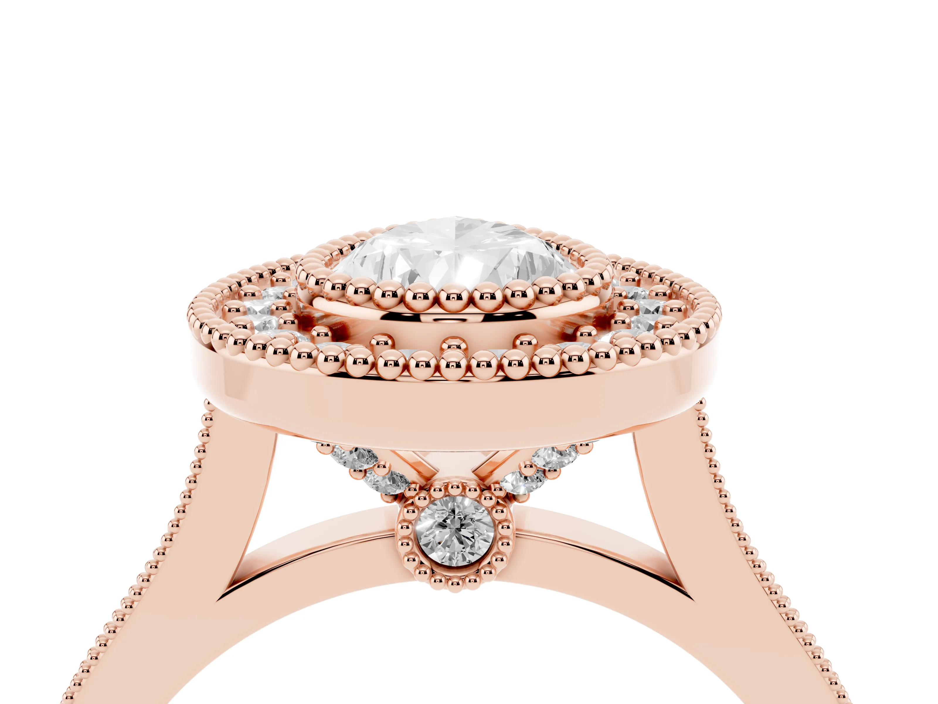 Pear Cut Diamond Halo Ring Set in Rose gold with Milgrain Frame and Pavé Band