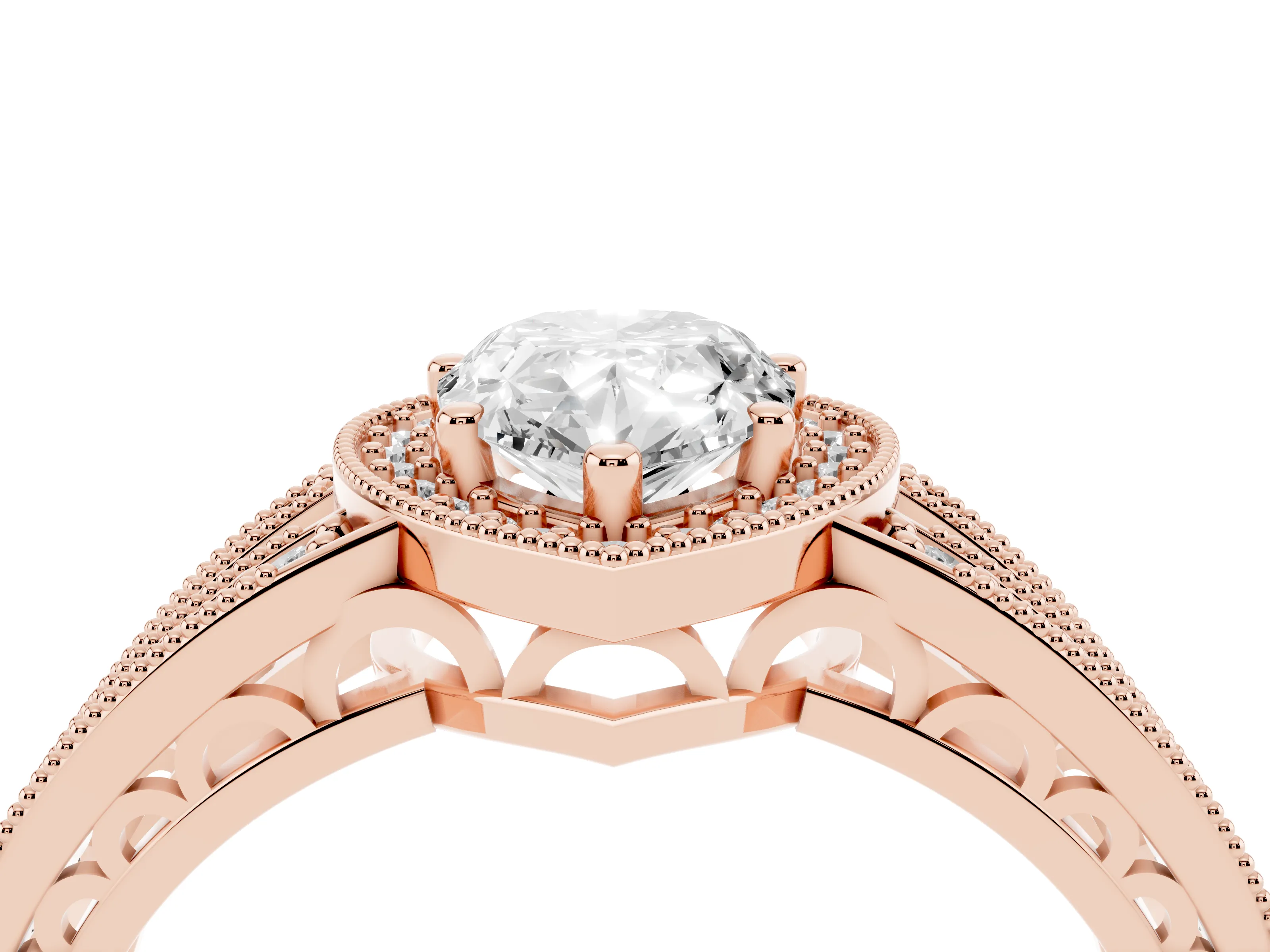 Pear Cut Diamond Halo Ring Set in Rose gold with Accent Split Shank and Prong Setting