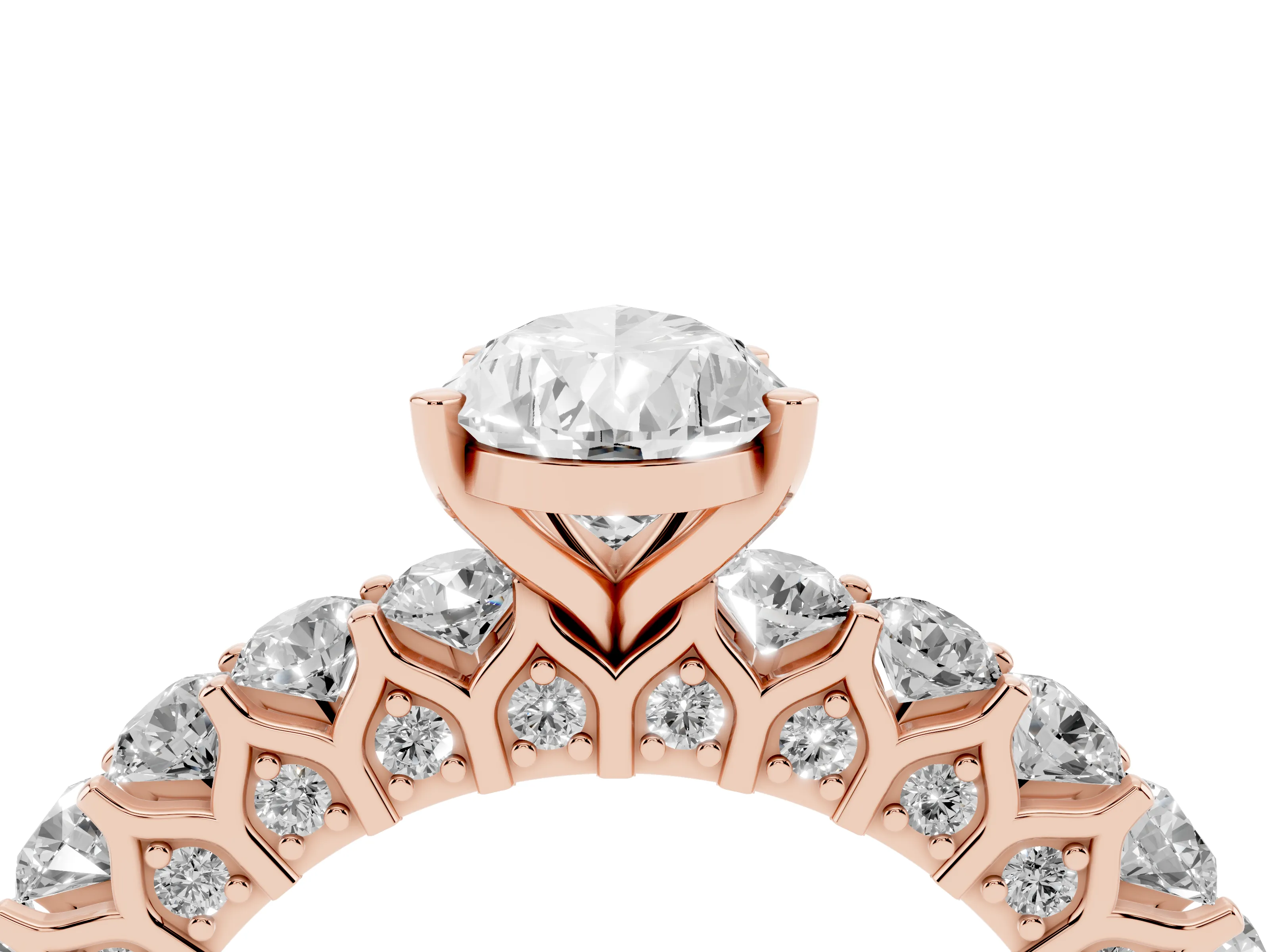 Pear Cut Diamond Solitaire Ring Set in Rose gold with Shared Prong Pavé Band