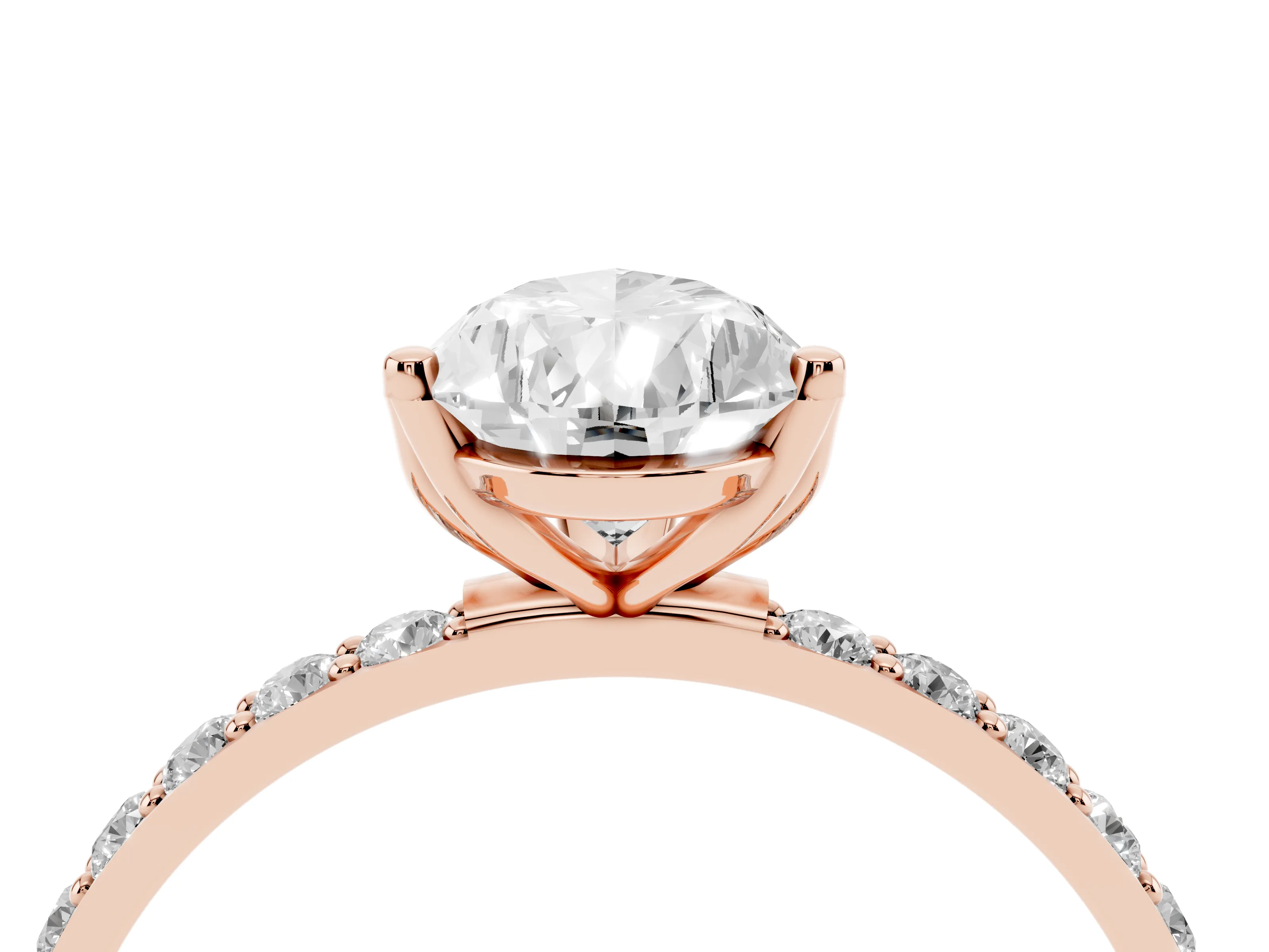 Pear Cut Diamond Solitaire Engagement Ring Set in Rose gold with Round Pavé Band and Prong Setting