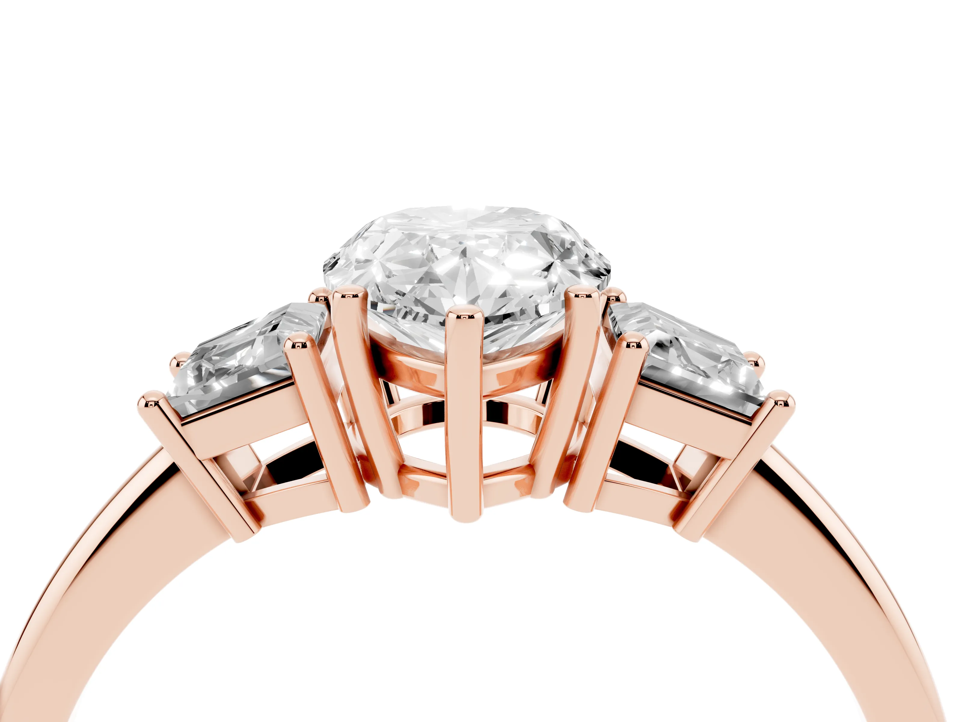 Pear Cut Diamond Three-Stone Ring Set in Rose gold with Trapezoid Side Stones and Prong Setting