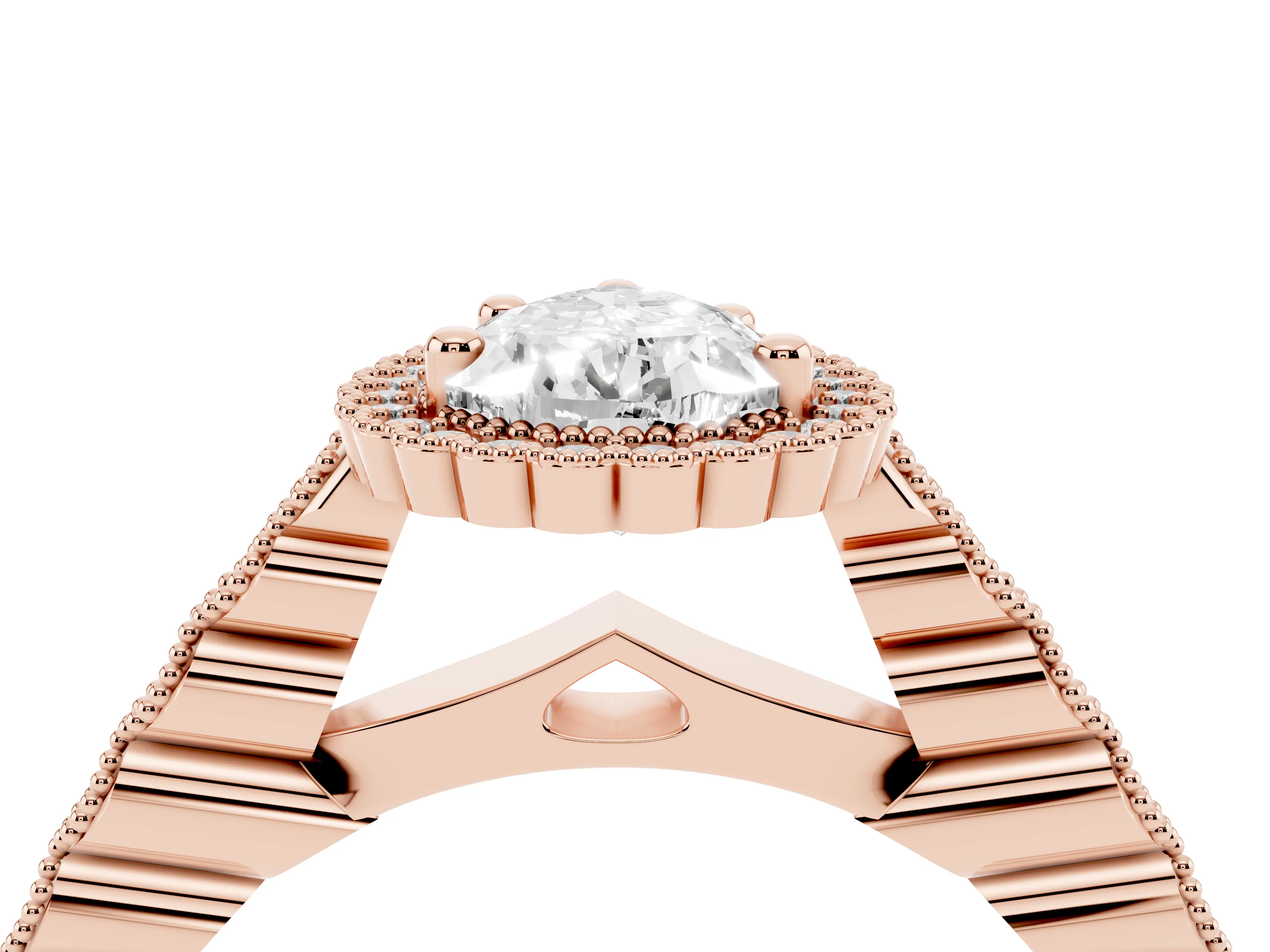 Pear Cut Diamond Halo Ring Set in Rose gold with Pavé Milgrain Band
