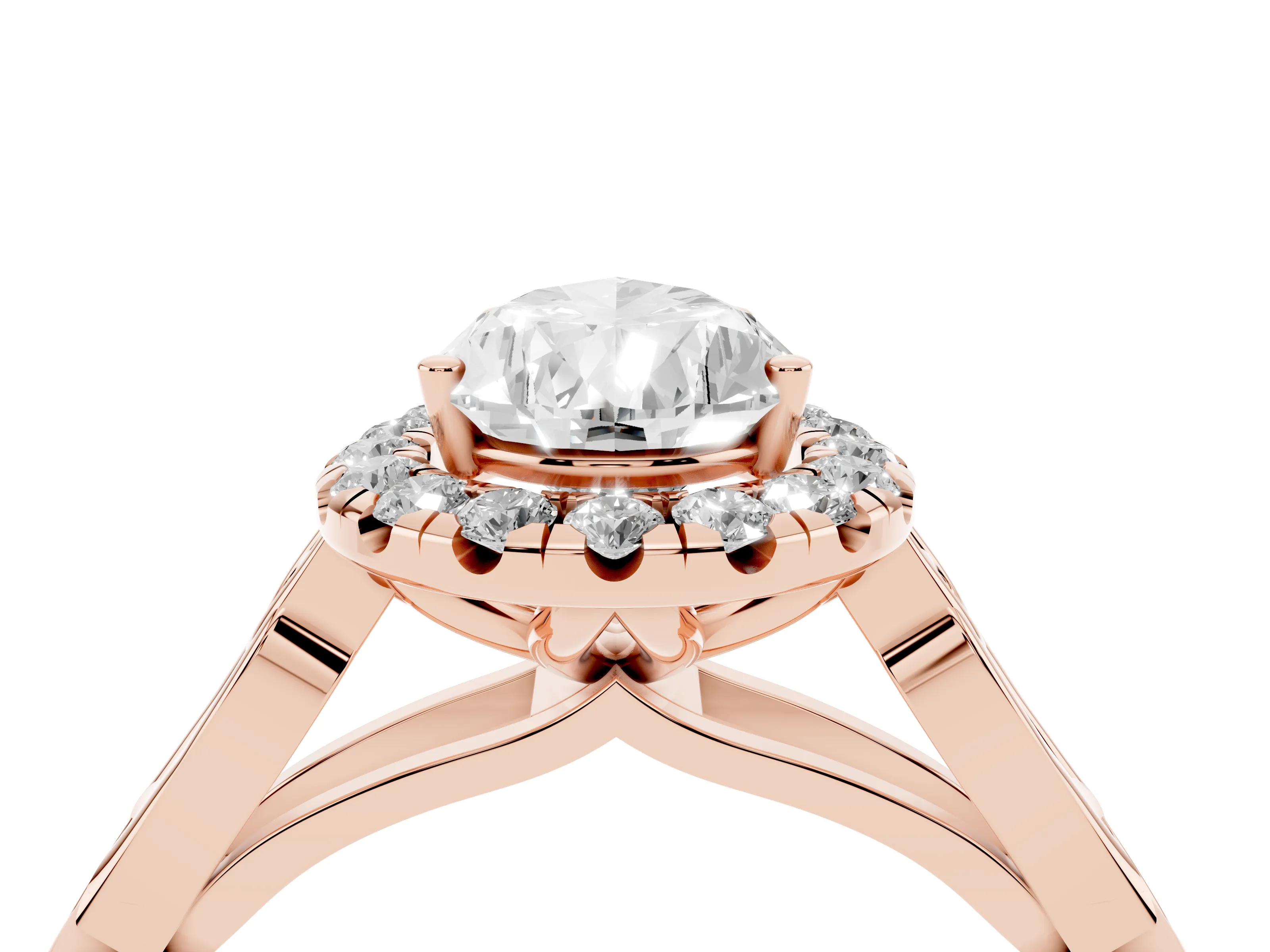 Pear Cut Diamond Halo Engagement Ring Set in Rose gold with Filigree Band and Prong-Set Center