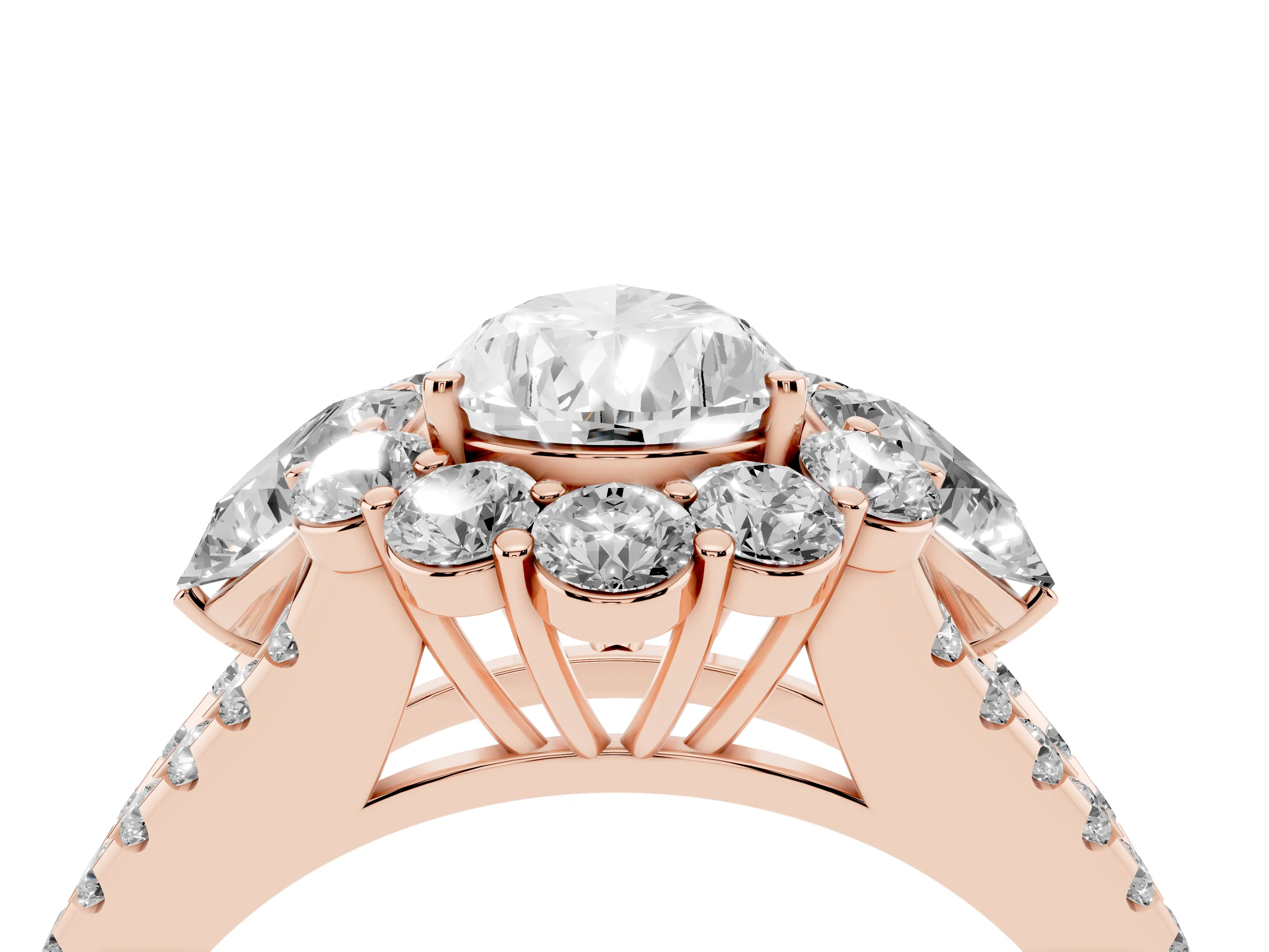 Pear Cut Diamond Halo Split Shank Engagement Ring Set in Rose gold with Prong-Held Center Stone