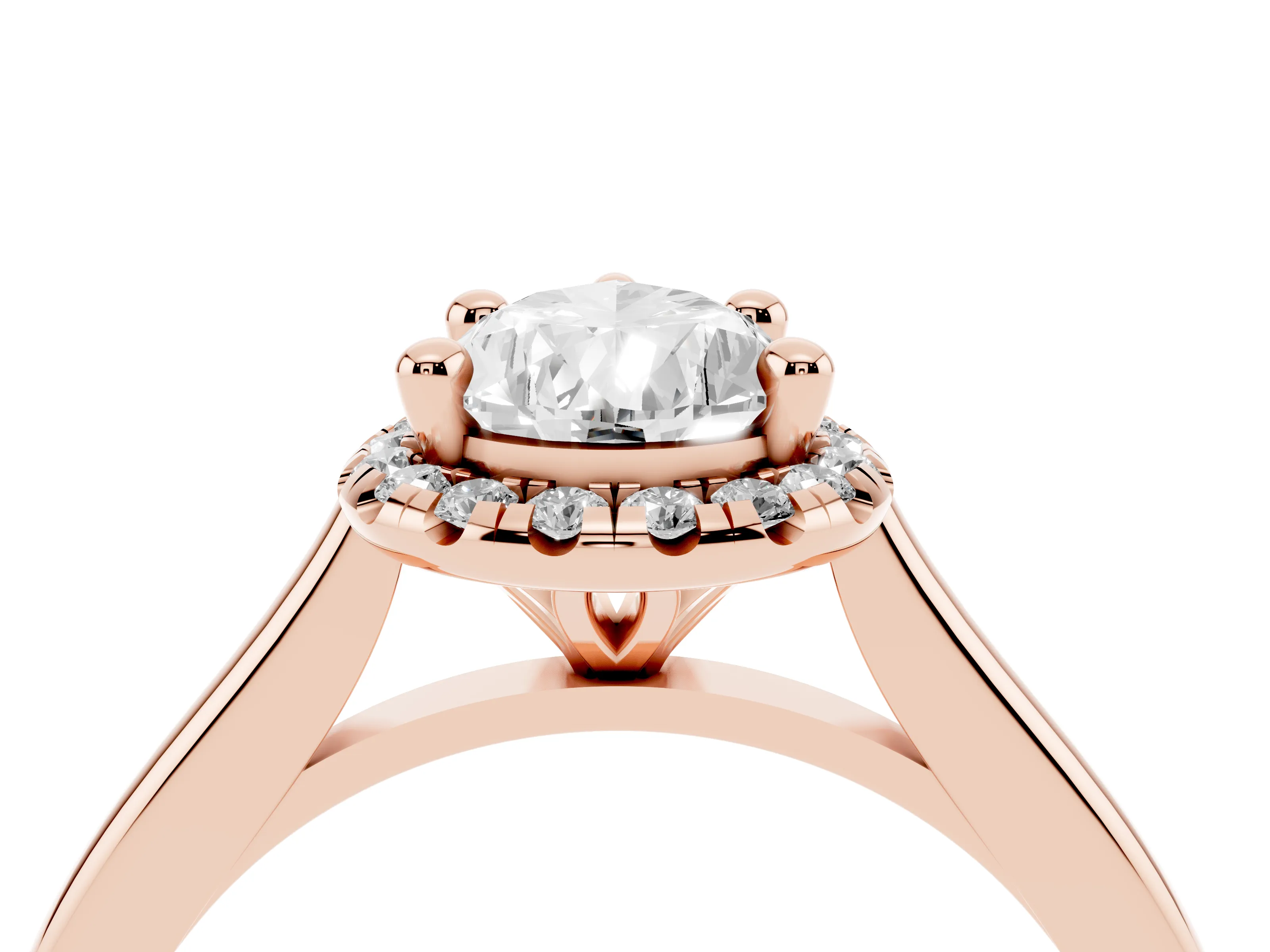 Pear Cut Diamond Halo Engagement Ring Set in Rose gold with Pavé Band and Rising Shoulders