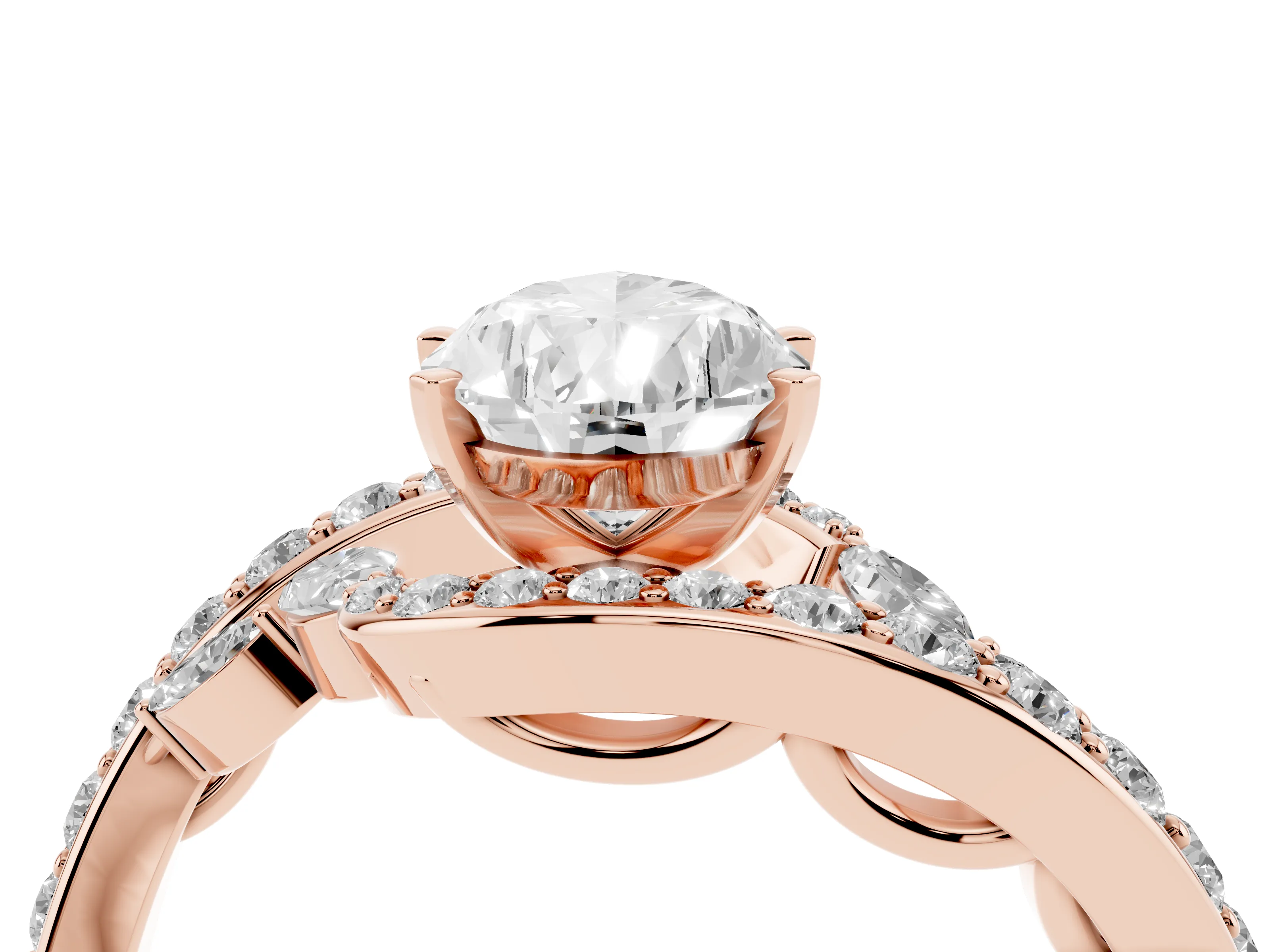 Pear Cut Diamond Solitaire Ring Set in Rose gold with Pavé Twist Band and Secure Prong Setting