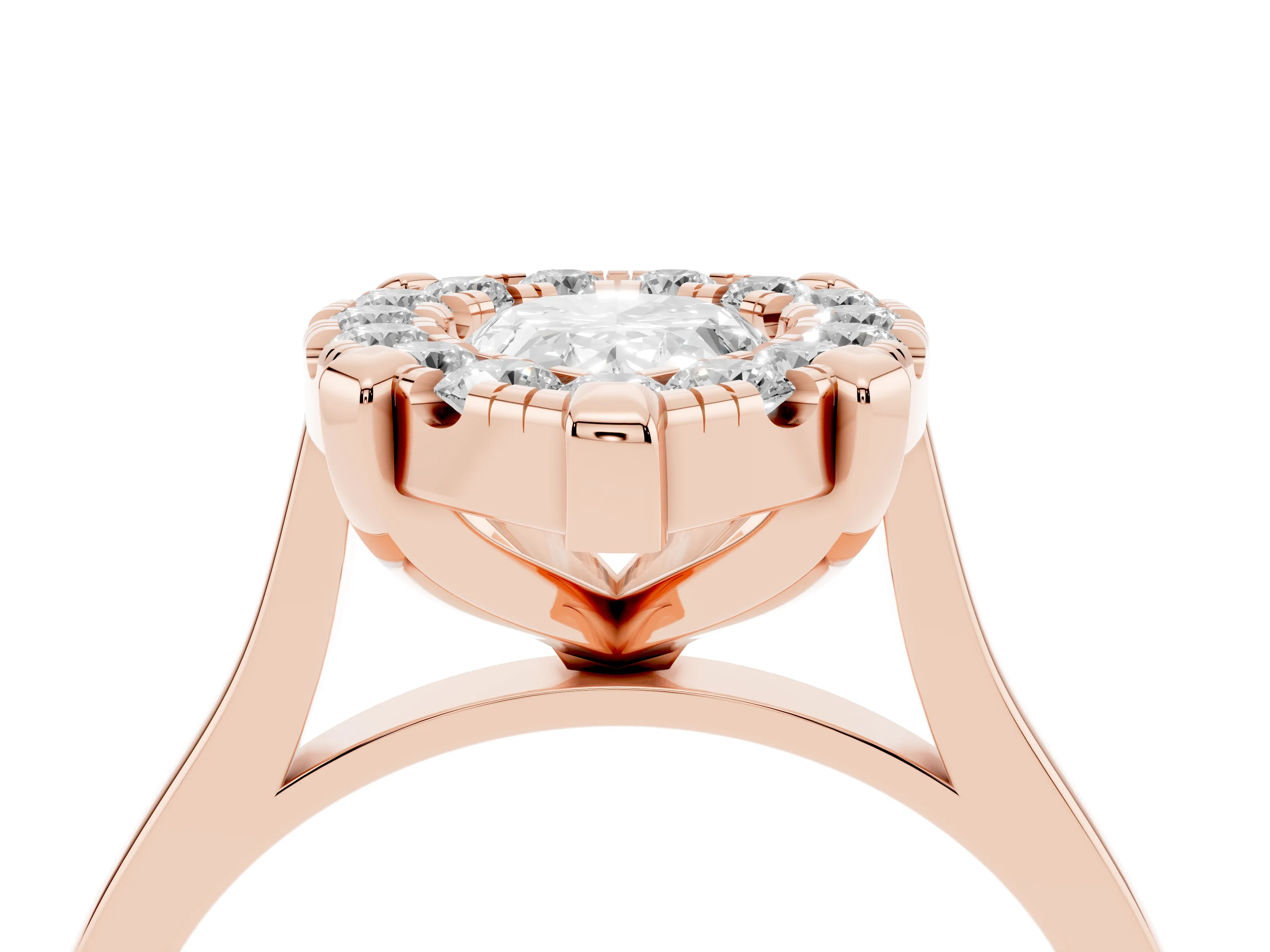 Pear Cut Diamond Cluster Halo Solitaire Ring Set in Rose gold with Prong Setting