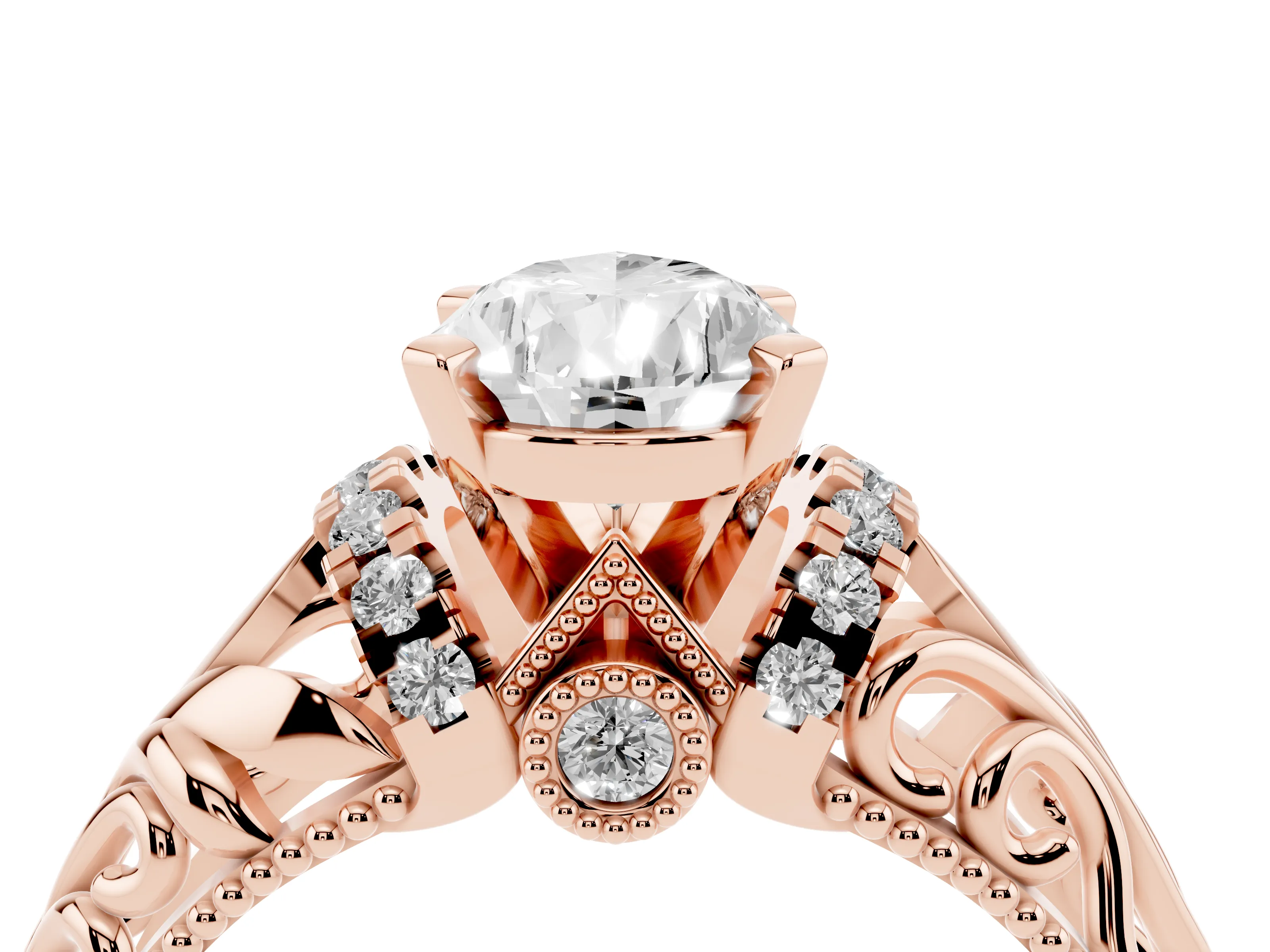 Pear Cut Diamond Filigree Halo Engagement Ring Set in Rose gold with Prong Setting