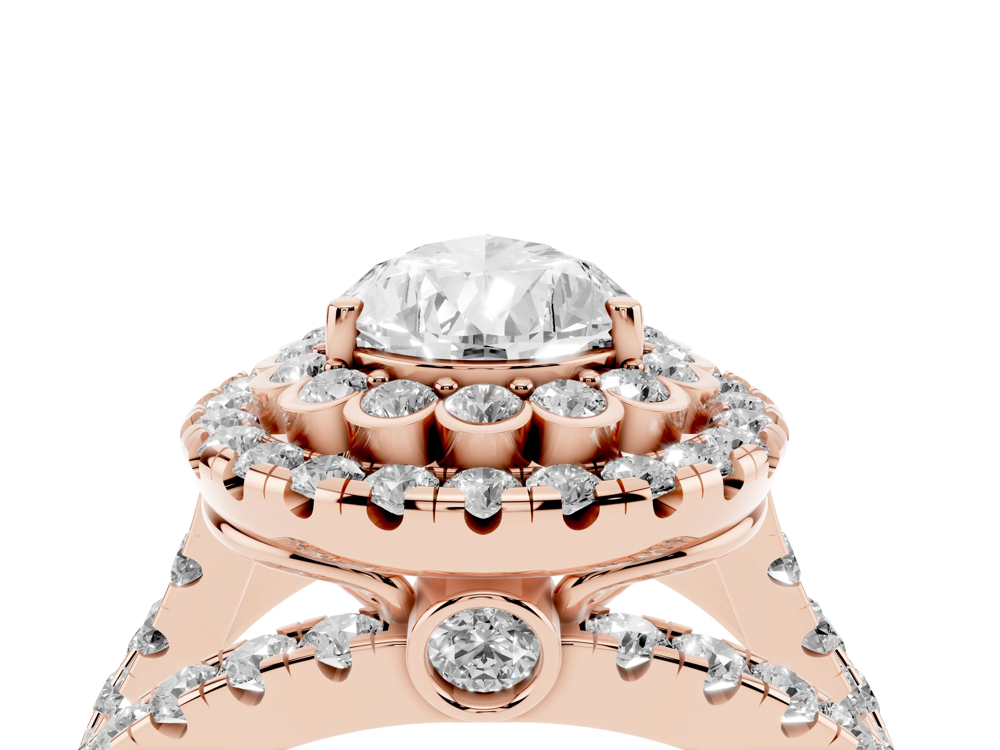 Pear Cut Diamond Double Halo Ring Set in Rose gold with Round Pavé Split Shank