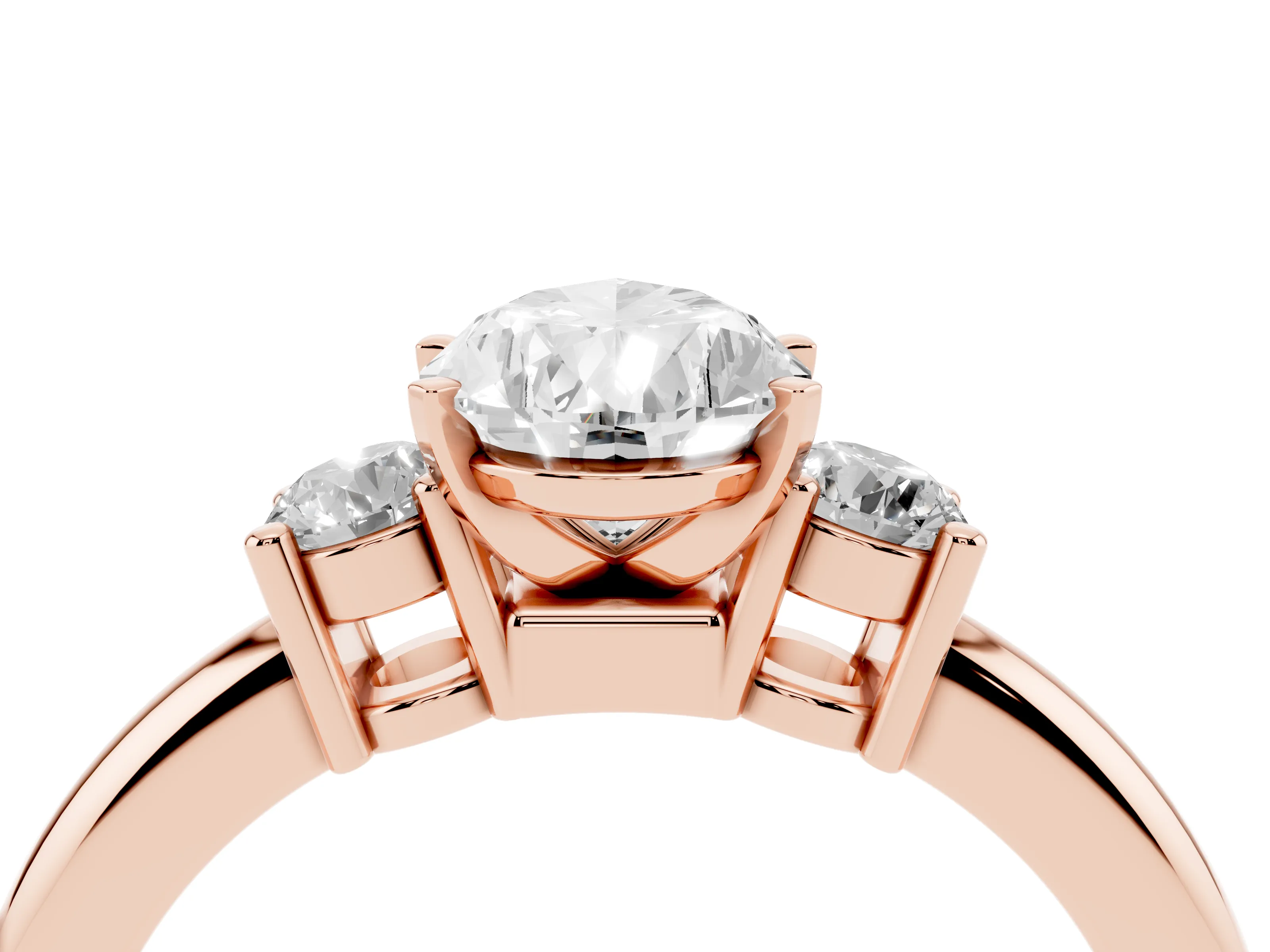Three-Stone Pear Cut Diamond Ring Set in Rose gold with Prong Setting and Plain Band