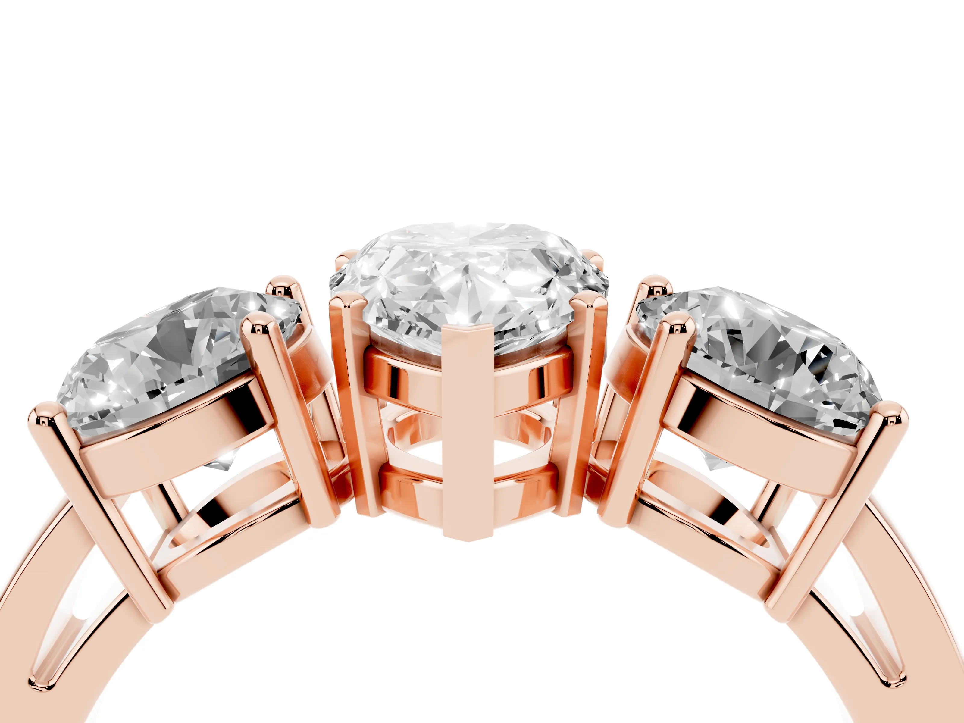 Pear Cut Diamond Three-Stone Ring Set in Rose gold with Round Side Stones and Classic Band
