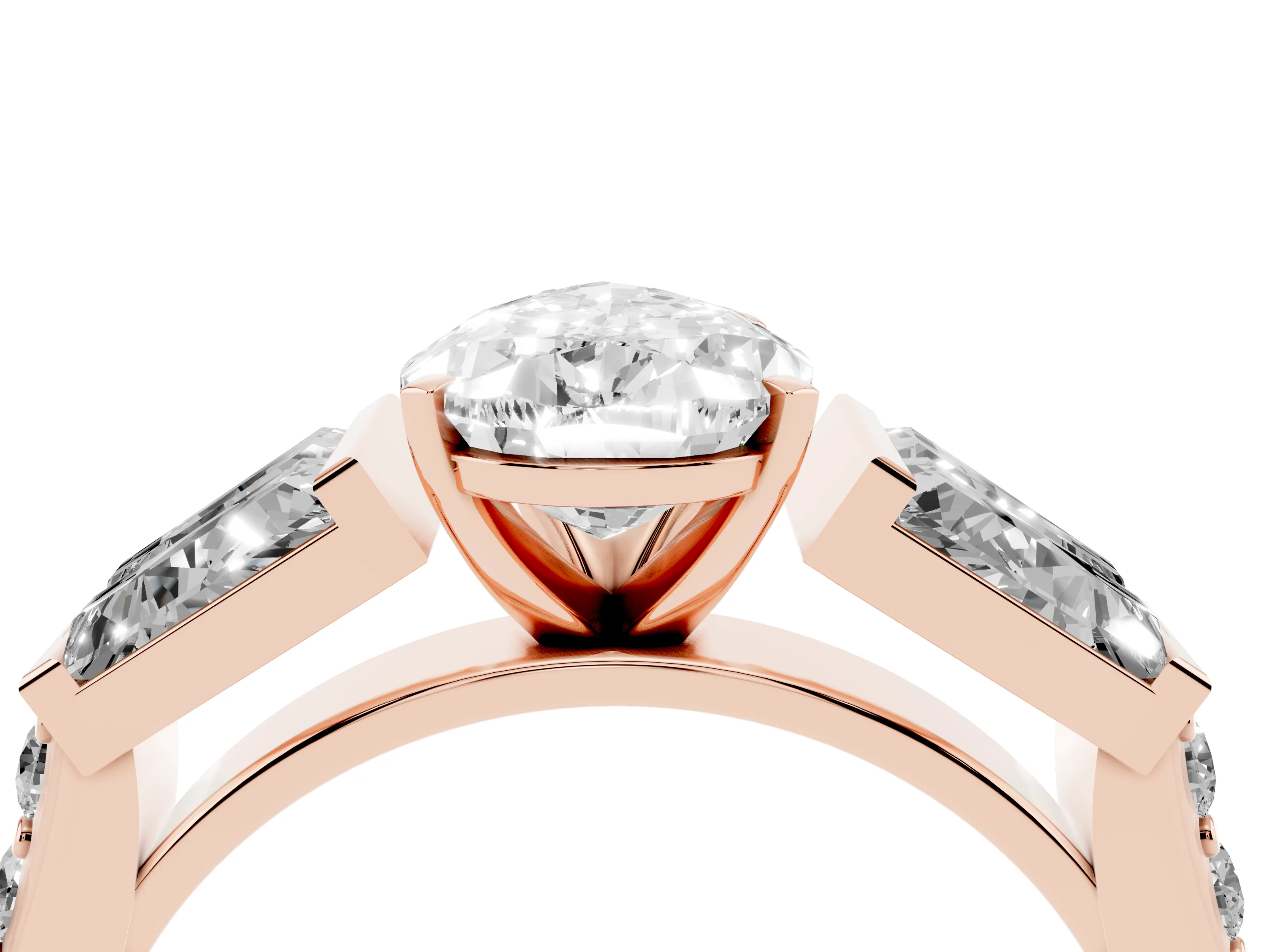 Pear Cut Diamond Engagement Ring Set in Rose gold with Baguette Side Stones and Channel Set Band