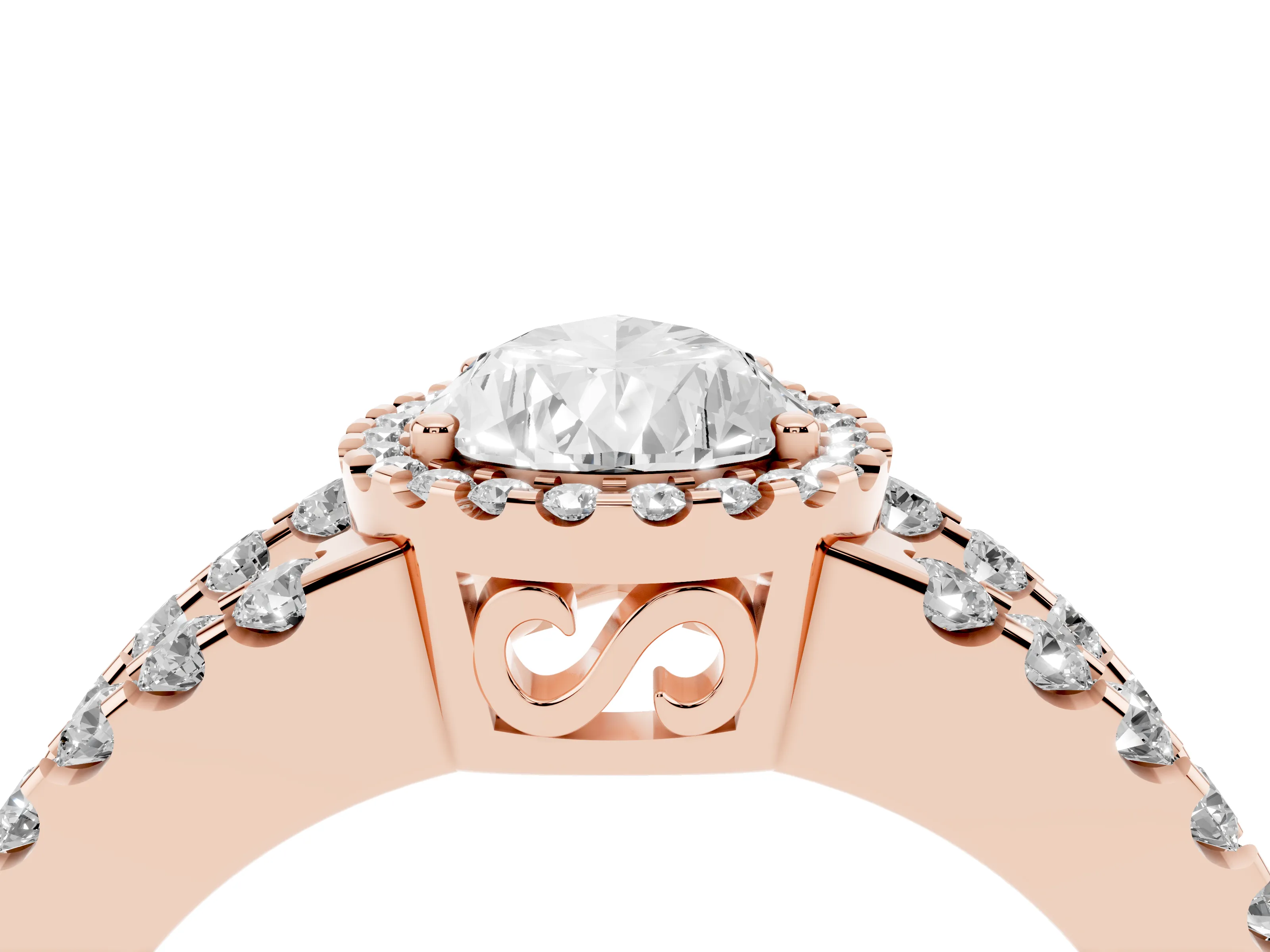Pear Cut Diamond Halo Ring Set in Rose gold with Pavé Split Shank and Prong Setting