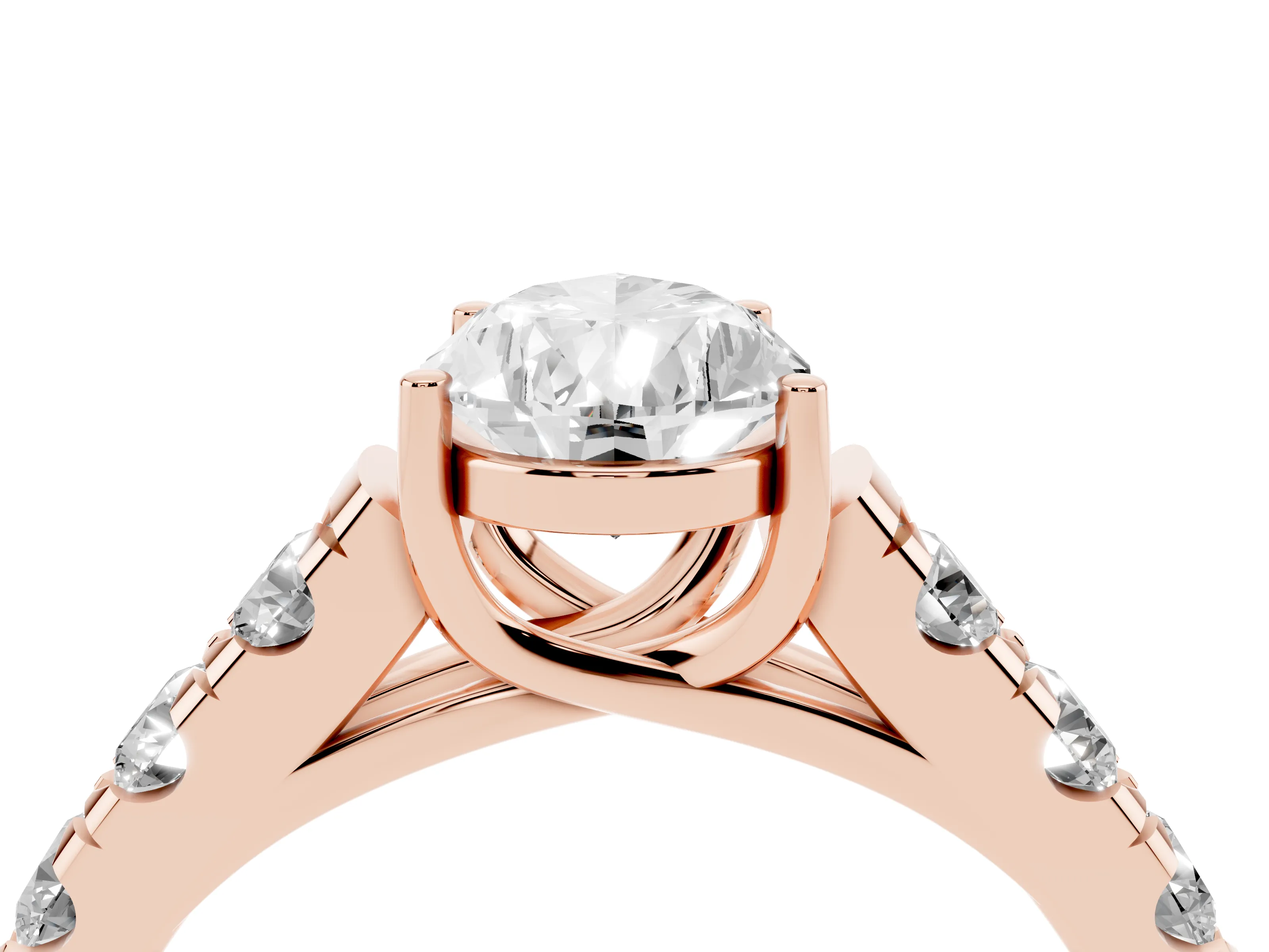 Pear Cut Diamond Solitaire Ring Set in Rose gold with Cut-Down Micro Pavé Band and Prong Setting