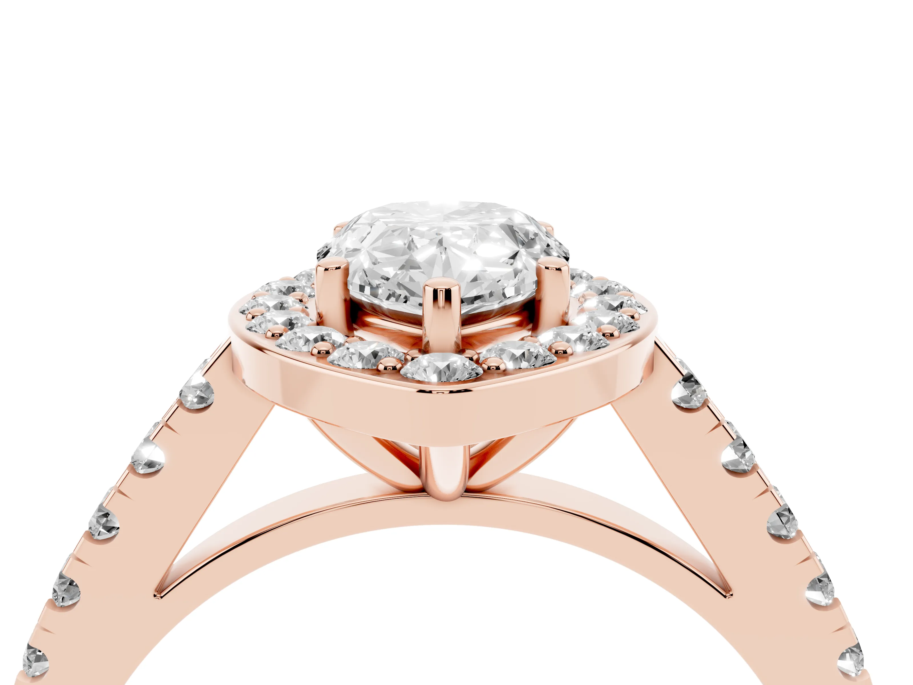 Pear Cut Diamond Halo Ring Set in Rose gold with Round Pavé Split Shank and Prong Setting