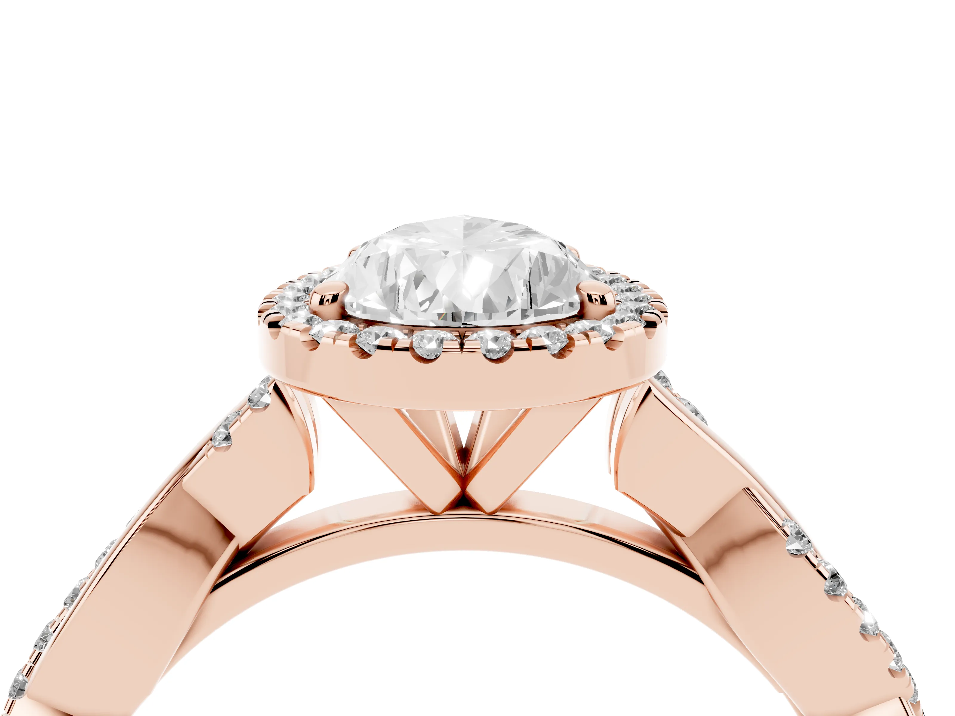 Pear Cut Diamond Halo Twisted Band Ring Set in Rose gold with Prong Setting