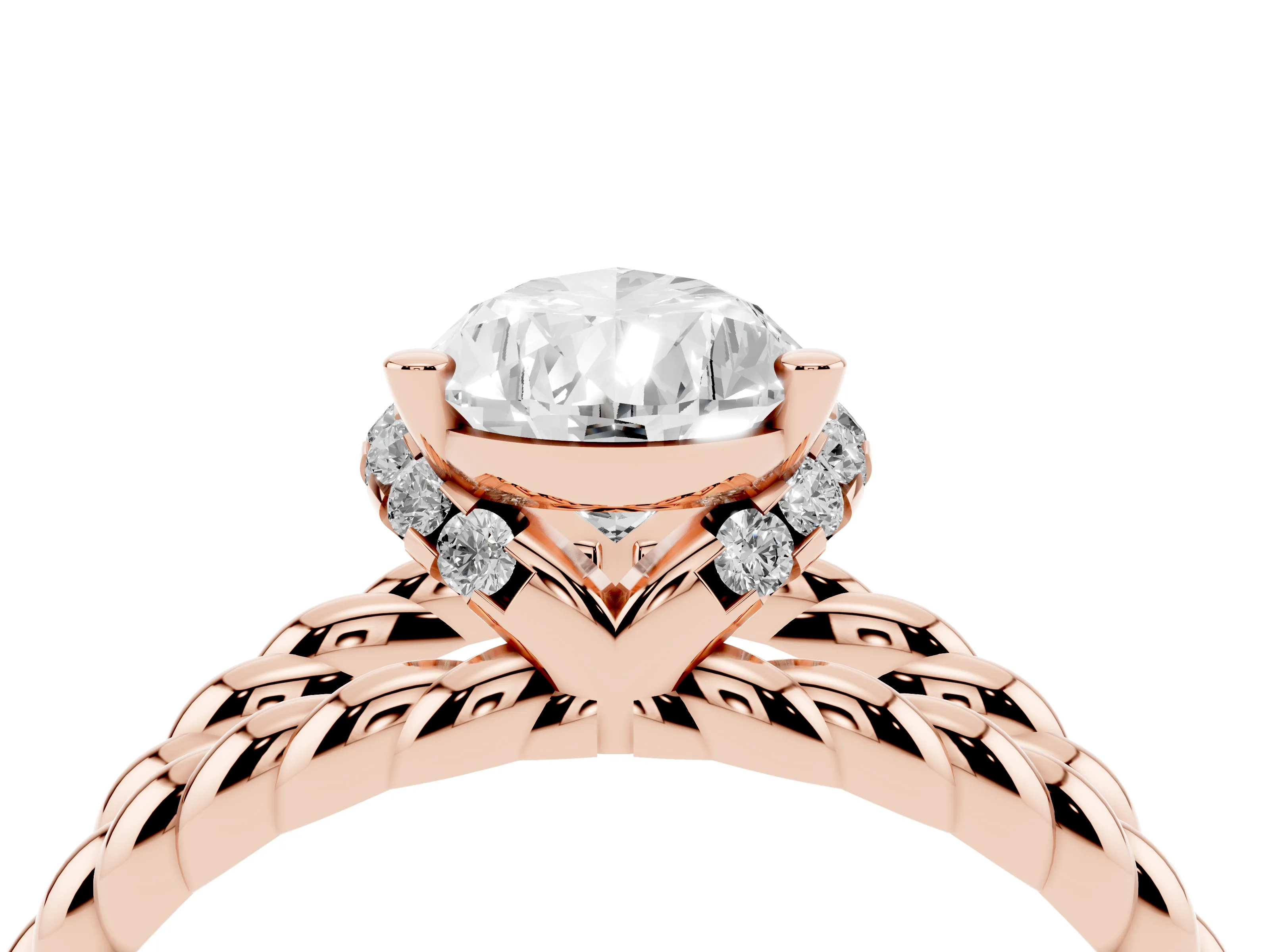 Pear Cut Diamond Halo Ring Set in Rose gold with Twisted Band and Prong Setting