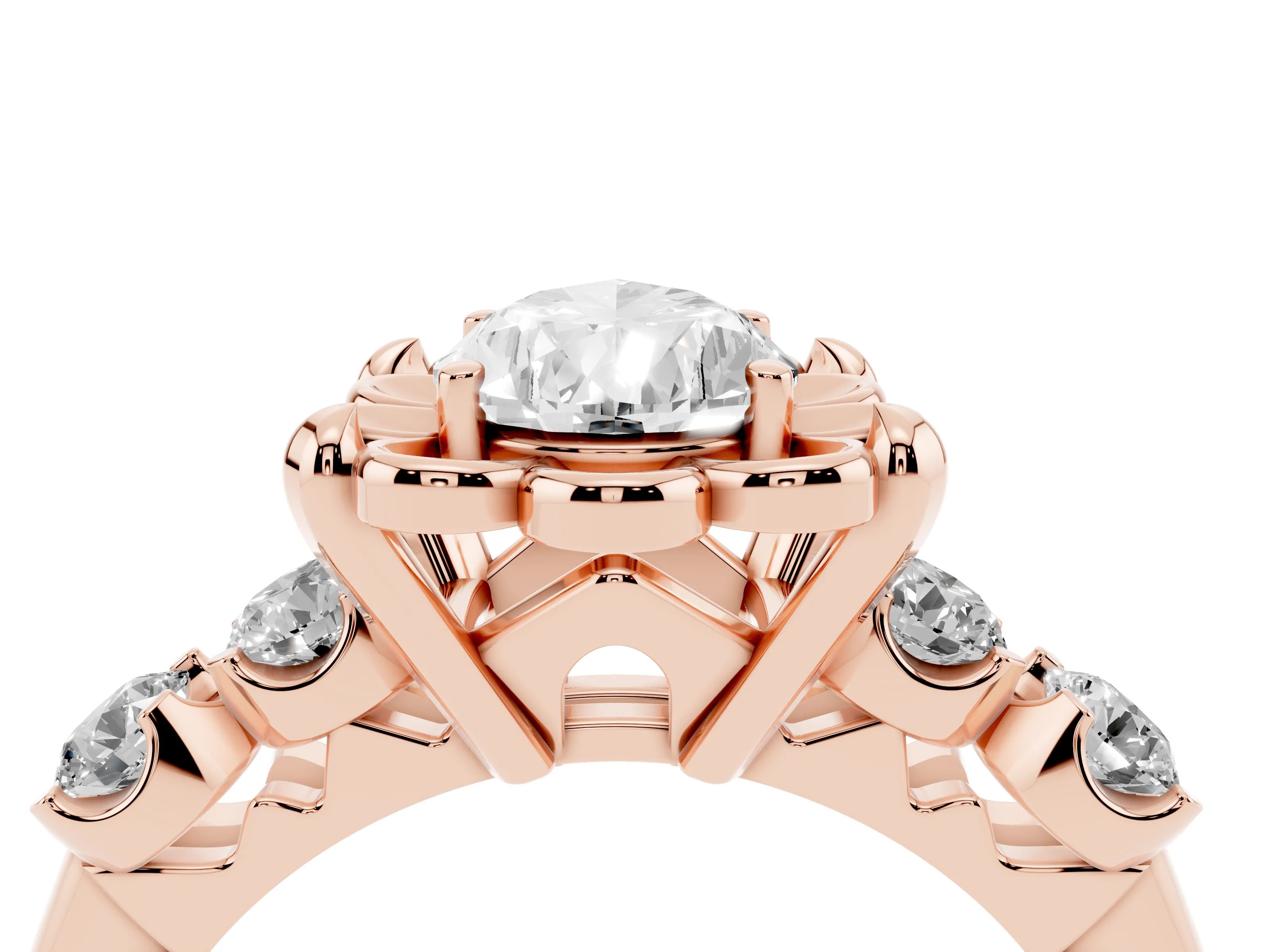 Pear Cut Diamond Floral Halo Ring Set in Rose gold with Shared Prong Band