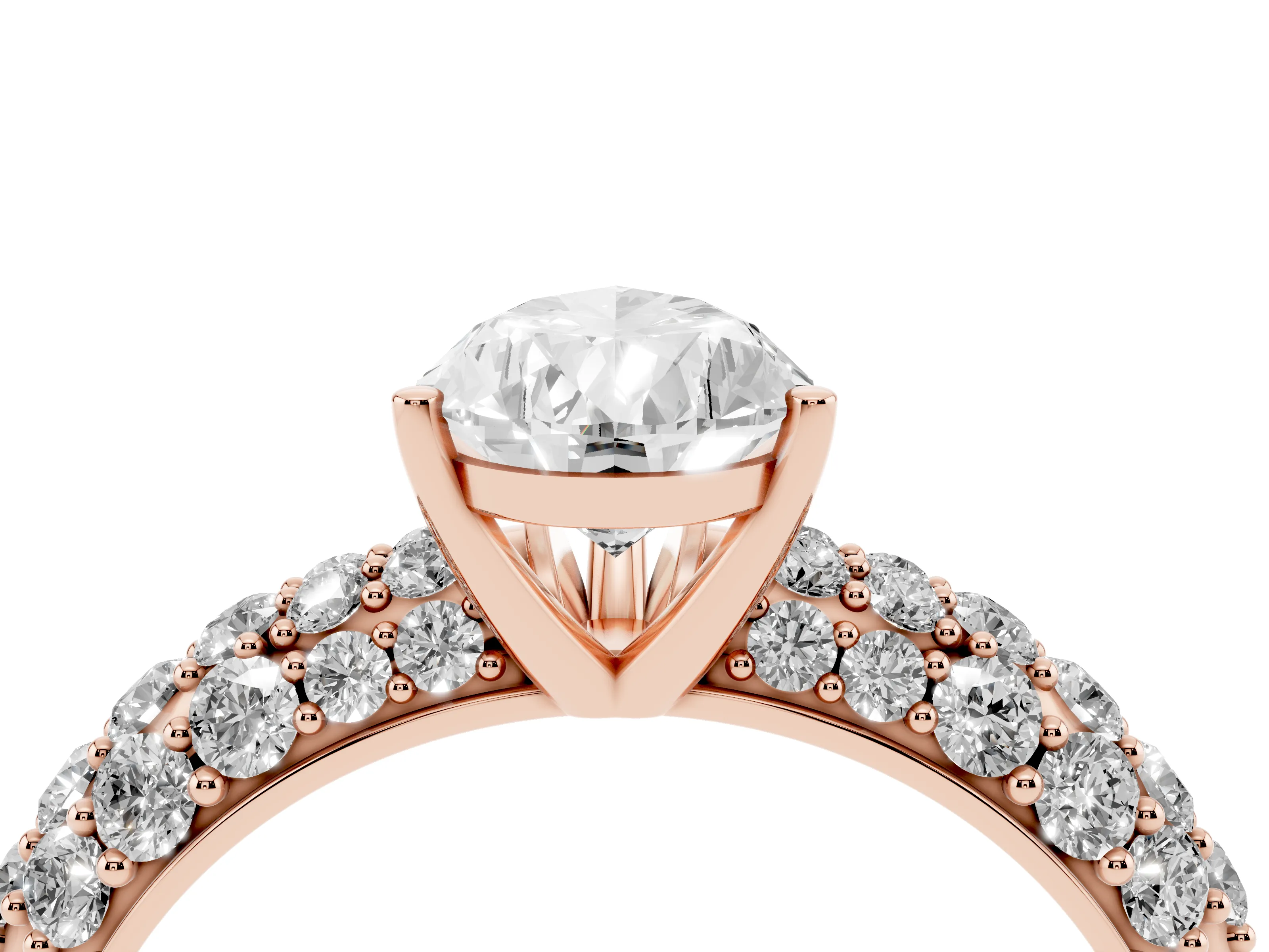 Pear Cut Diamond Pavé Band Solitaire Ring Set in Rose gold with Close-Set Accent Stones and Prong Setting