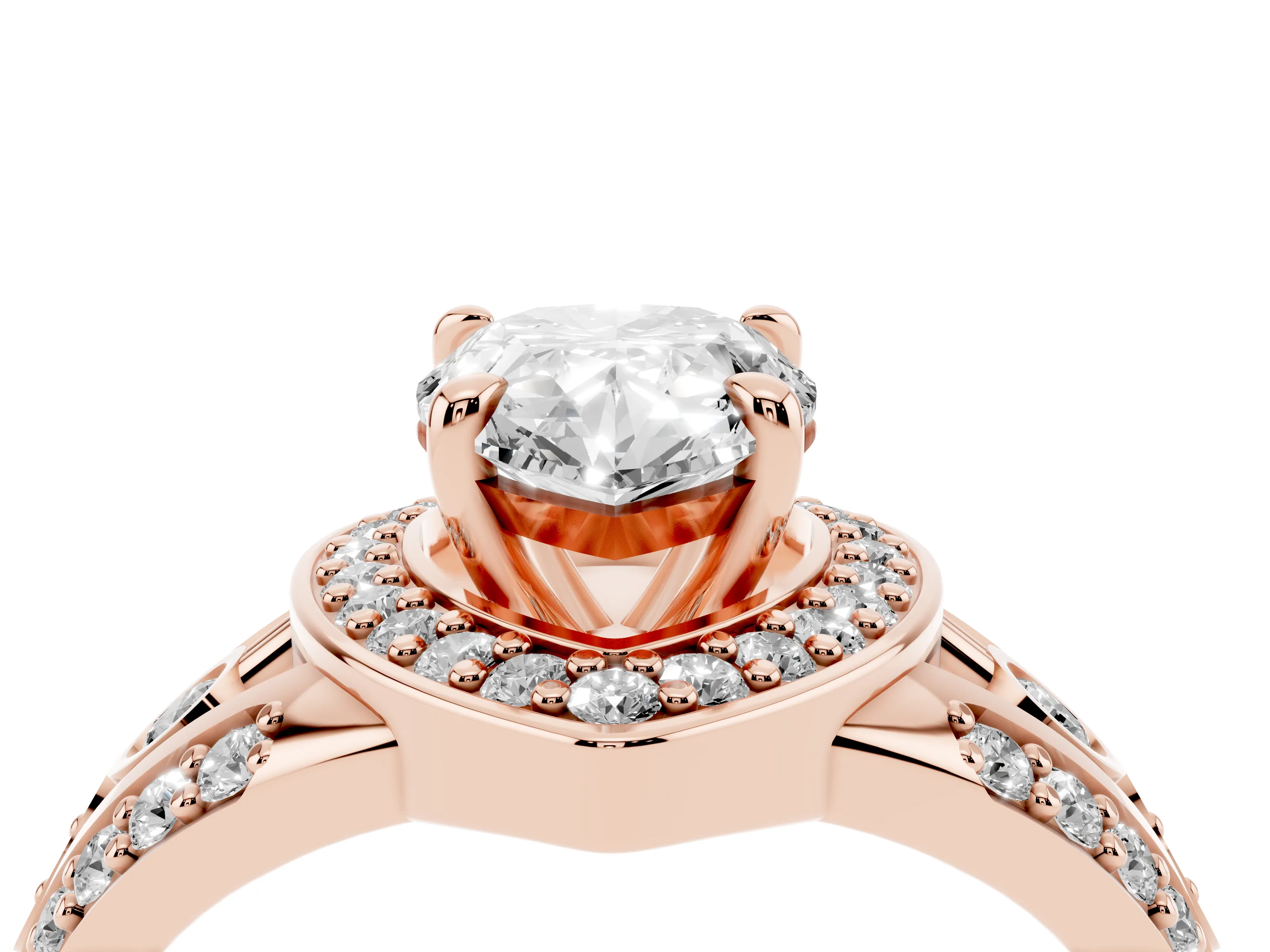 Pear Cut Diamond Halo Ring Set in Rose gold with Pavé Split Shank and Bezel Accents