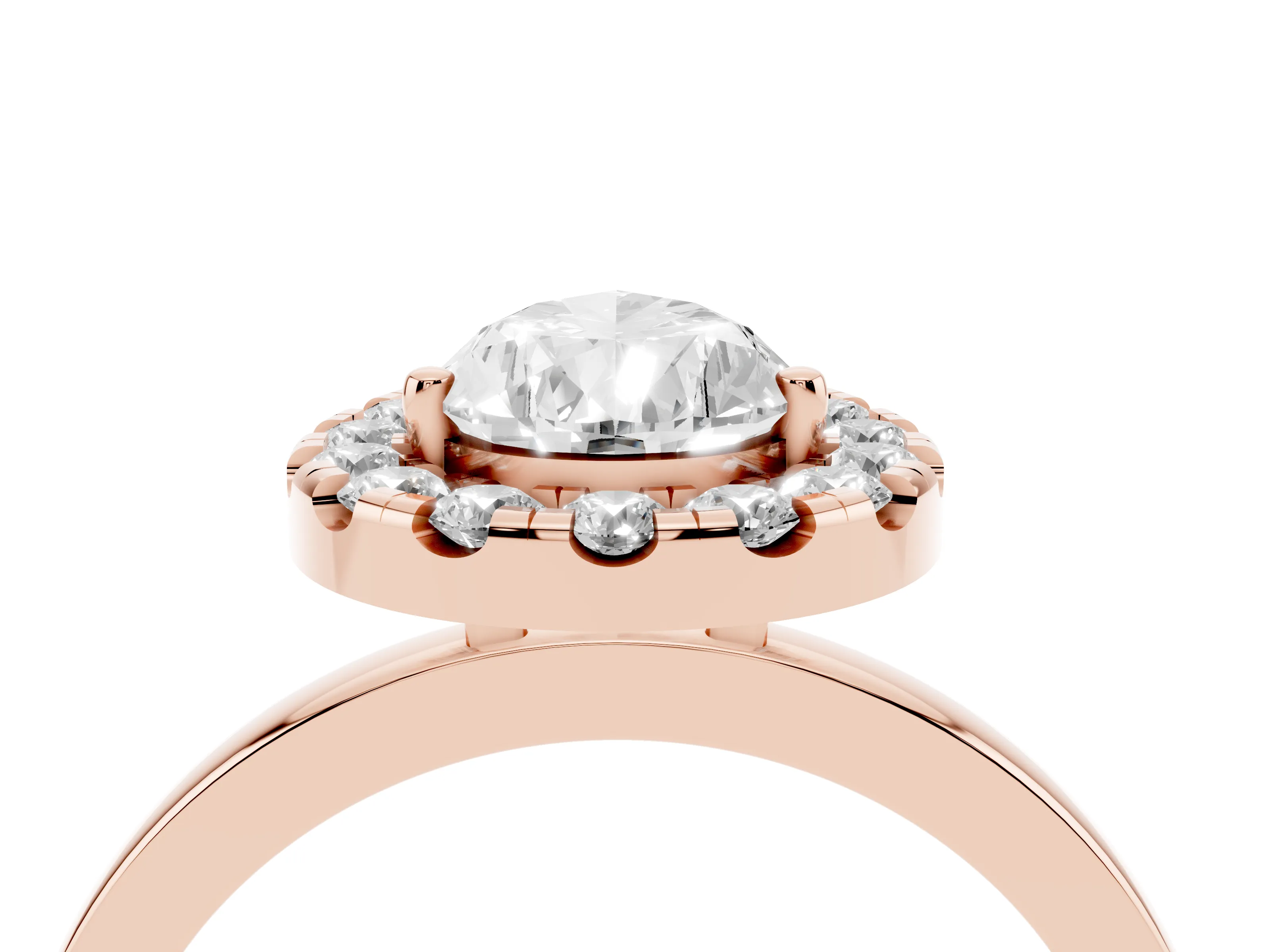 Pear Cut Diamond Halo Solitaire Ring Set in Rose gold with Pavé Band and Prong Setting