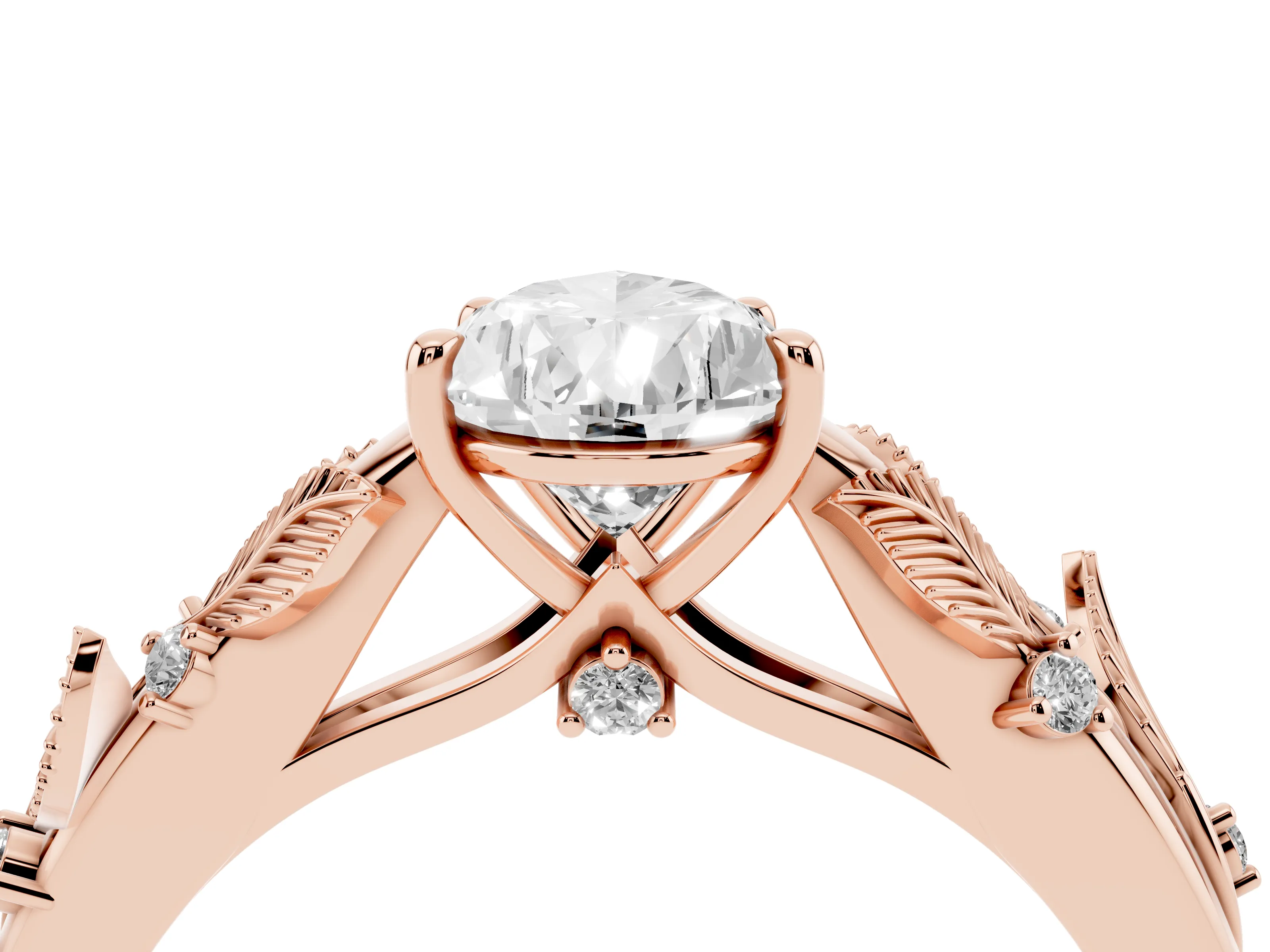Pear Cut Diamond Solitaire Ring Set in Rose gold with Leaf Motif Band