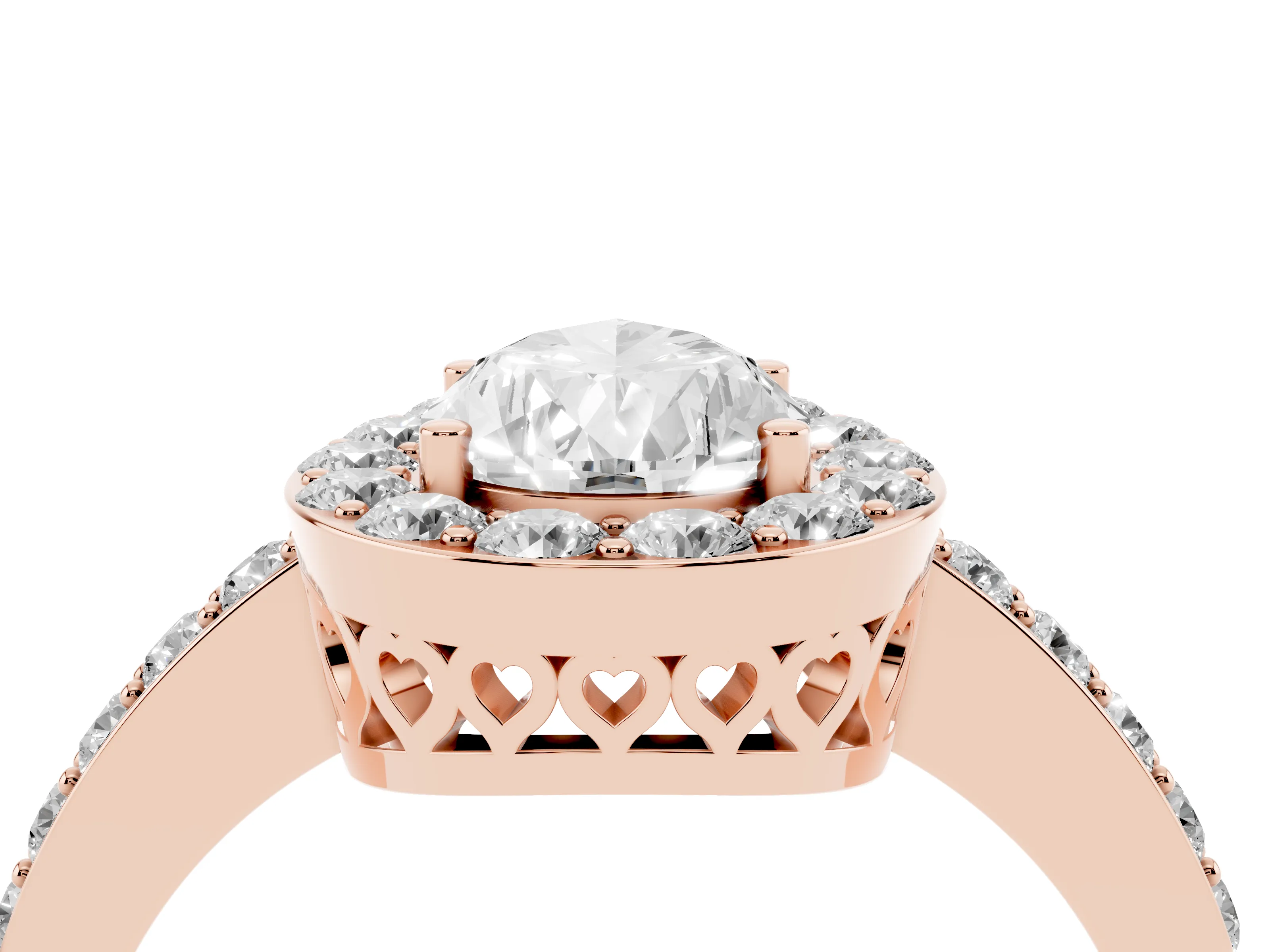Pear Cut Diamond Halo Ring Set in Rose gold with Pavé-Setting Band and Open Prong Center