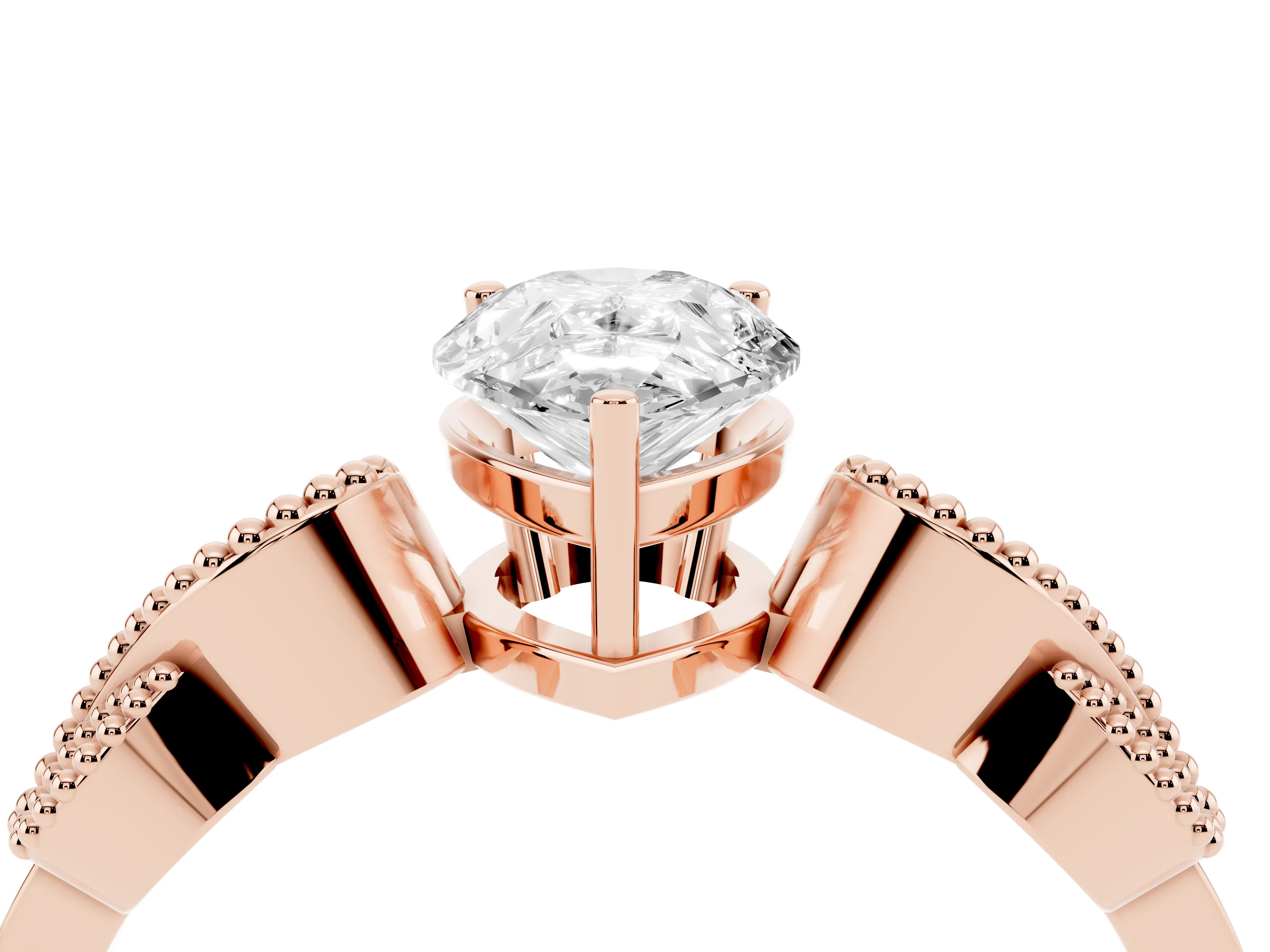 Pear Cut Diamond Milgrain Leaf Band Solitaire Ring Set in Rose gold with Accent Stones and Prong Setting