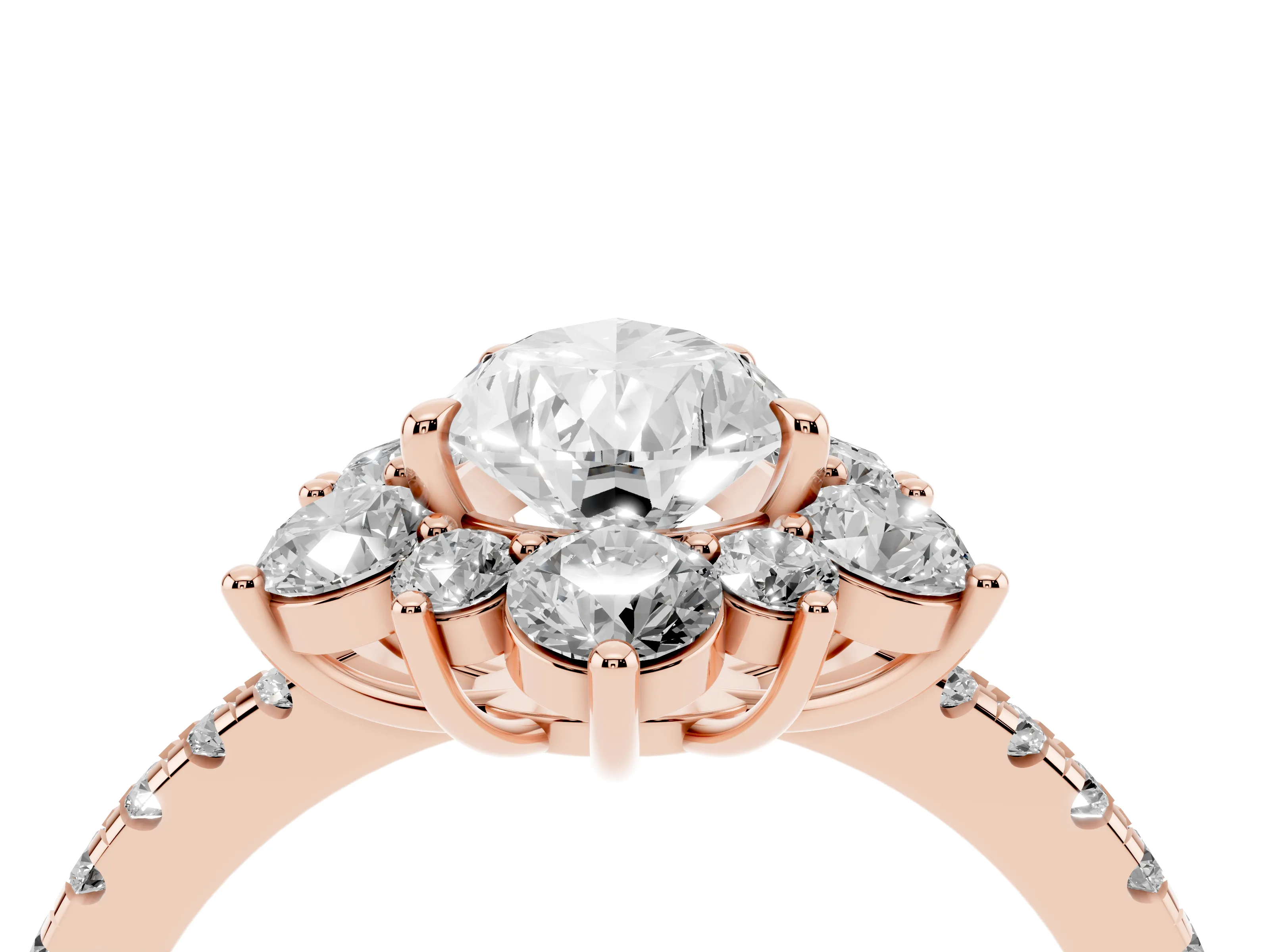 Pear Cut Diamond Floral Halo Ring Set in Rose gold with Round Pavé Band and Prong Setting