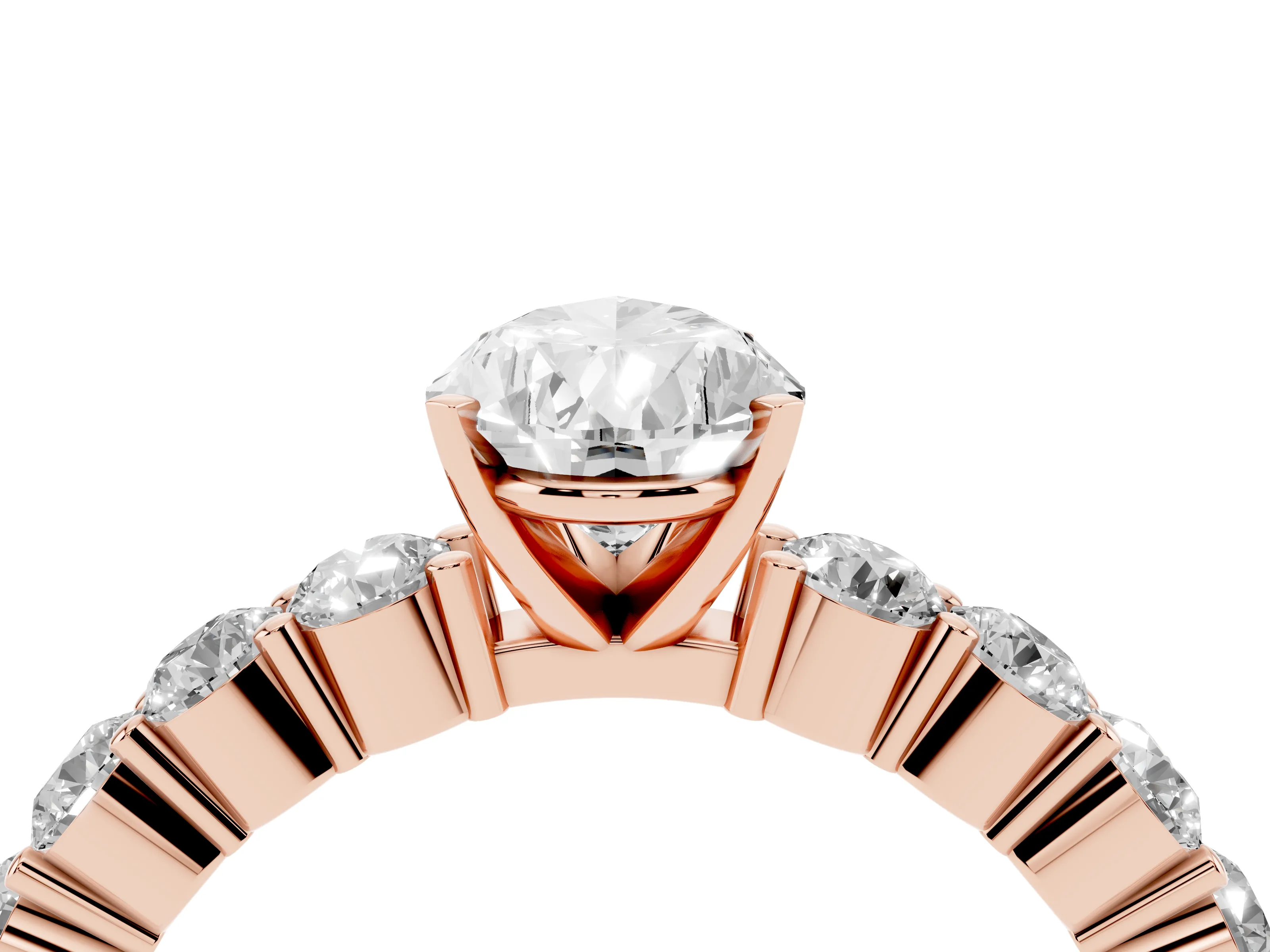 Pear Cut Diamond Solitaire Ring Set in Rose gold with Shared Prong Round Side Stones
