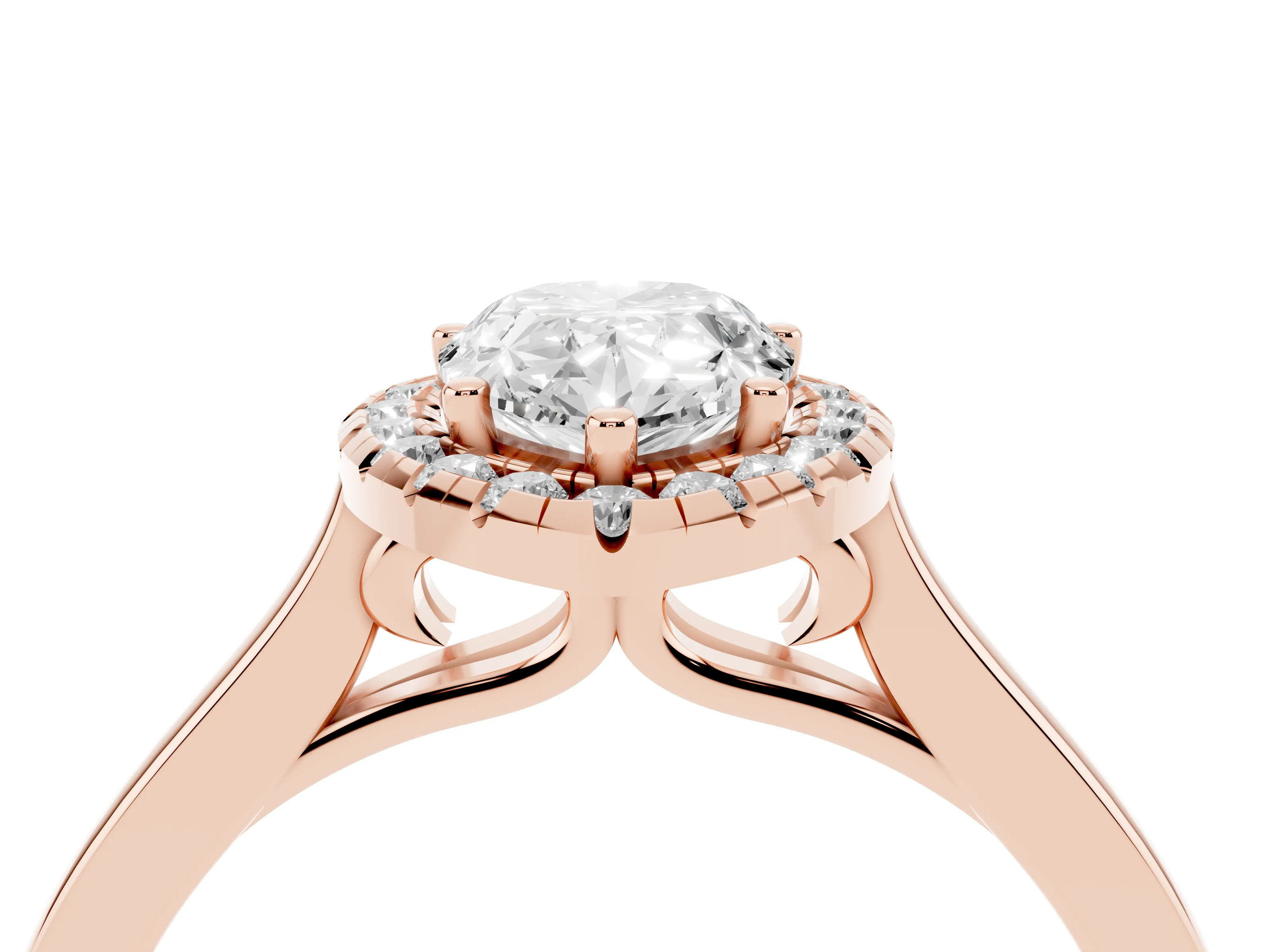 Pear Cut Halo Round Diamond Solitaire Ring Set in Rose gold with Pavé Band and Prong Setting
