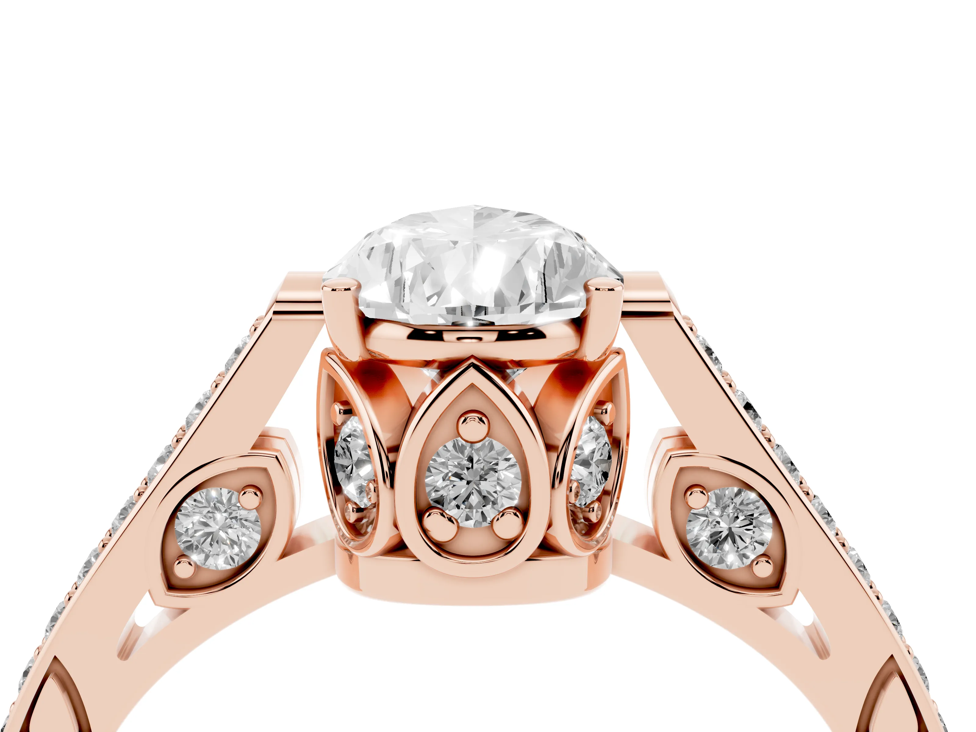 Pear Cut Diamond Cathedral Pavé Engagement Ring Set in Rose gold with Prong Setting