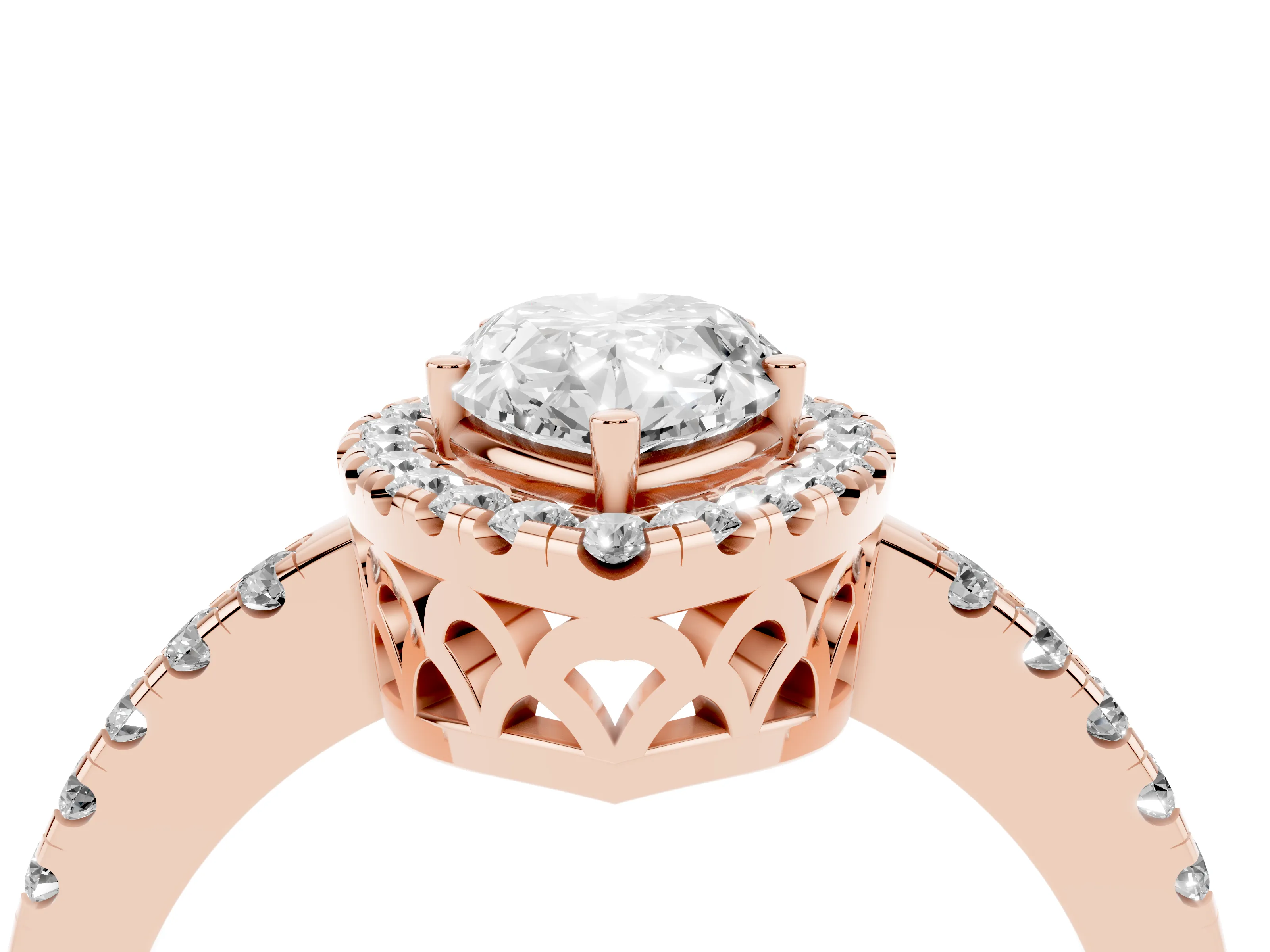 Pear Cut Diamond Pavé Band Halo Engagement Ring Set in Rose gold with Prong Setting