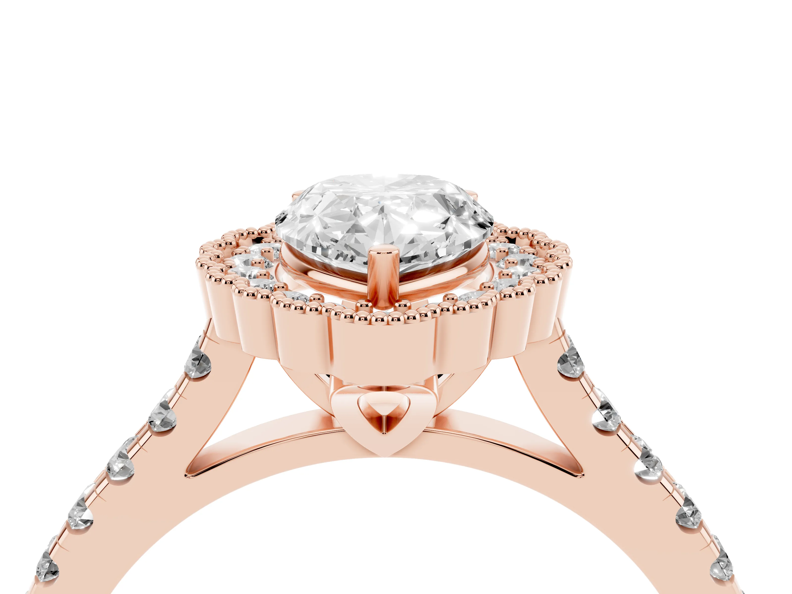 Pear Cut Diamond Milgrain Floral Halo Engagement Ring Set in Rose gold with Pavé Band