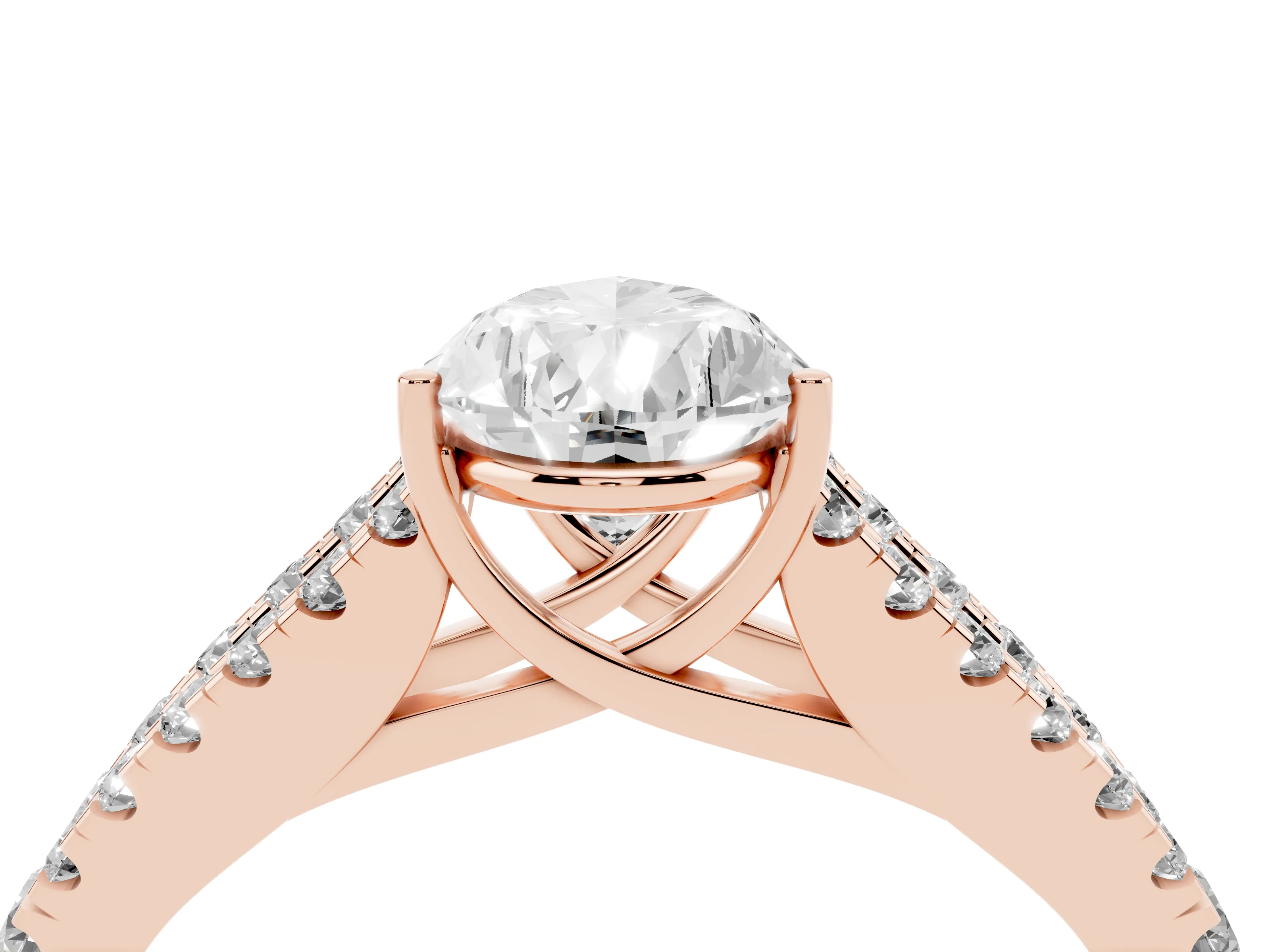 Pear Cut Diamond Split Shank Pavé Engagement Ring Set in Rose gold with Prong-Held Center Stone