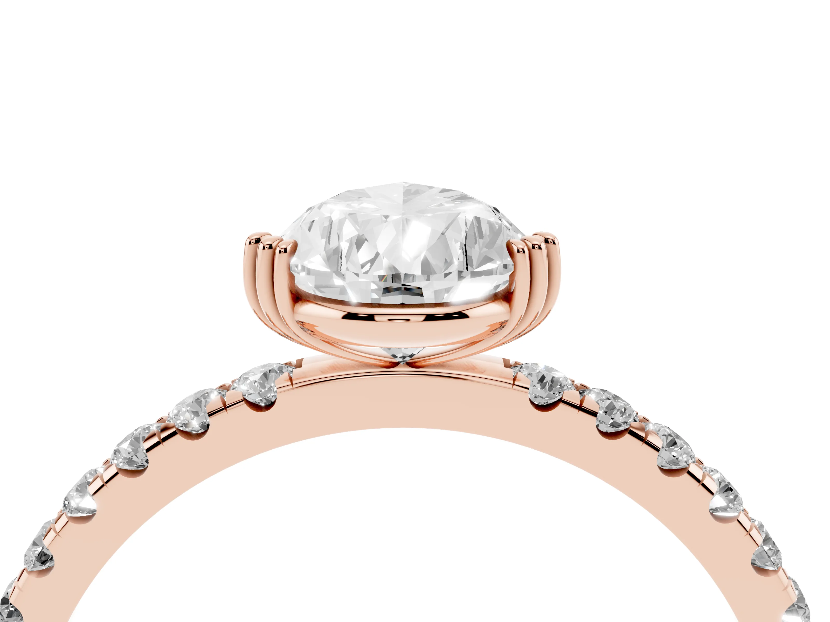 Pear Cut Diamond Brilliant Solitaire Set in Rose gold with Pavé Band and Claw Prong Setting