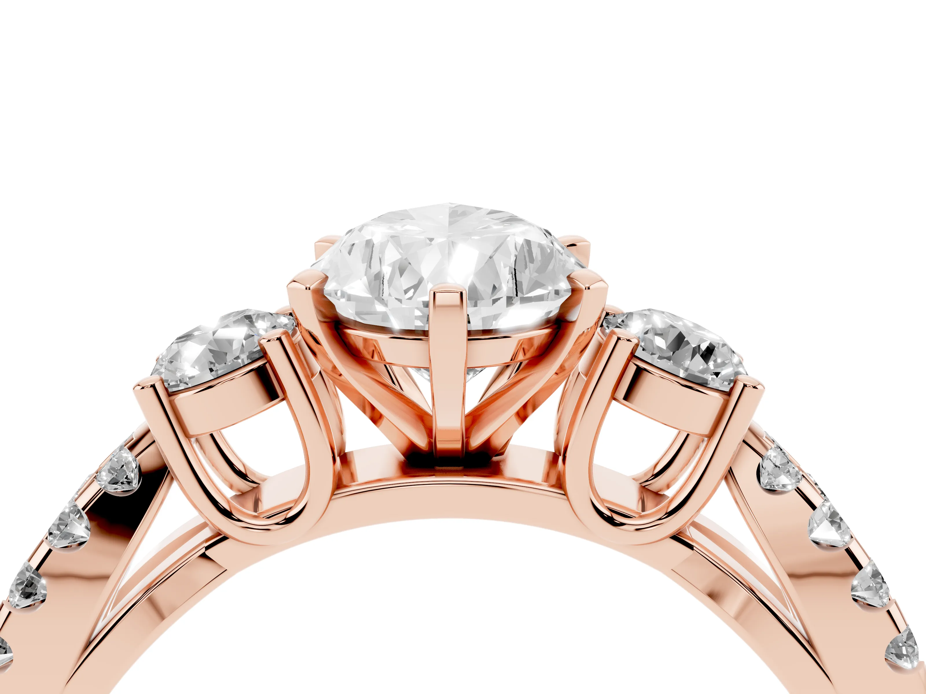 Pear Cut Diamond Three-Stone Ring Set in Rose gold with Pavé Split Shank and Prong Setting