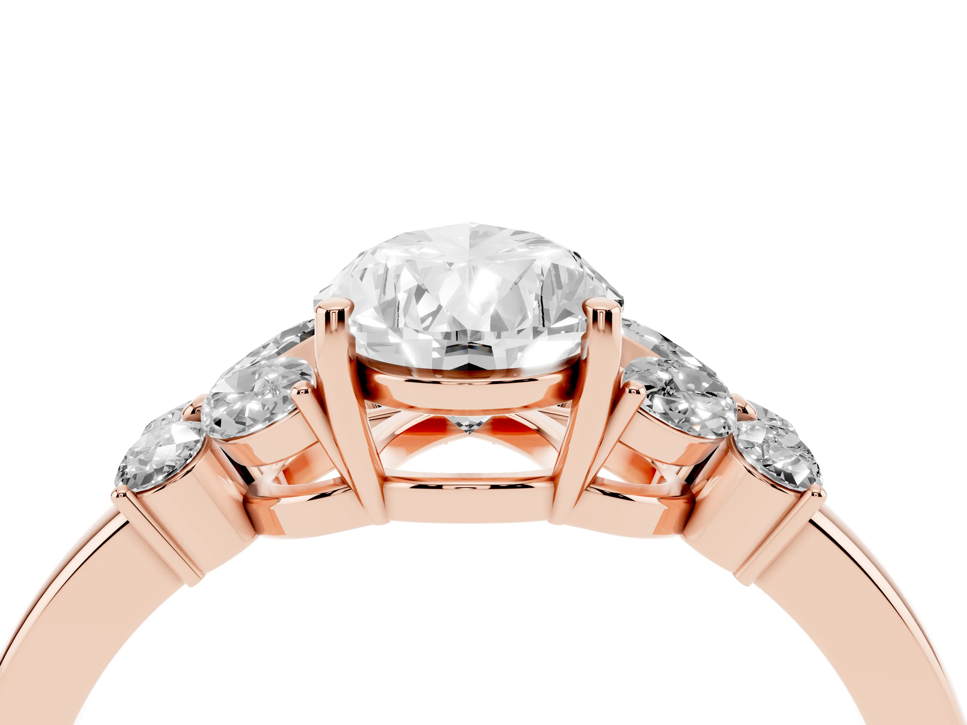 Pear Cut Diamond Solitaire Floral Ring Set in Rose gold with Marquise Petals and Prong Setting