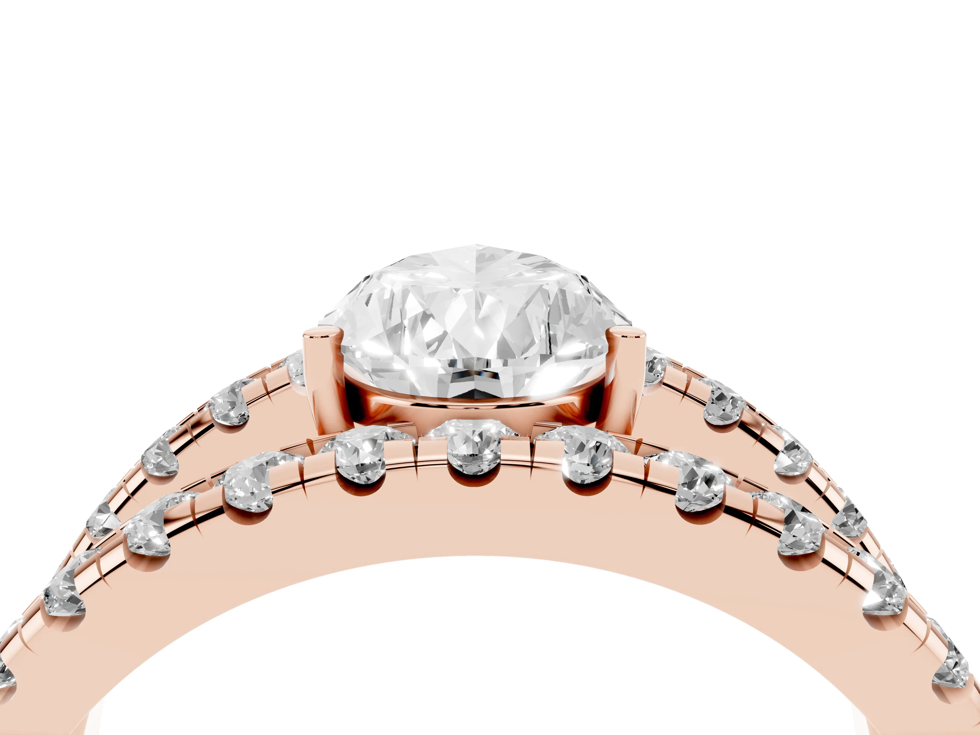 Pear Cut Diamond Split Shank Pavé Solitaire Ring Set in Rose gold with Open Shank Design
