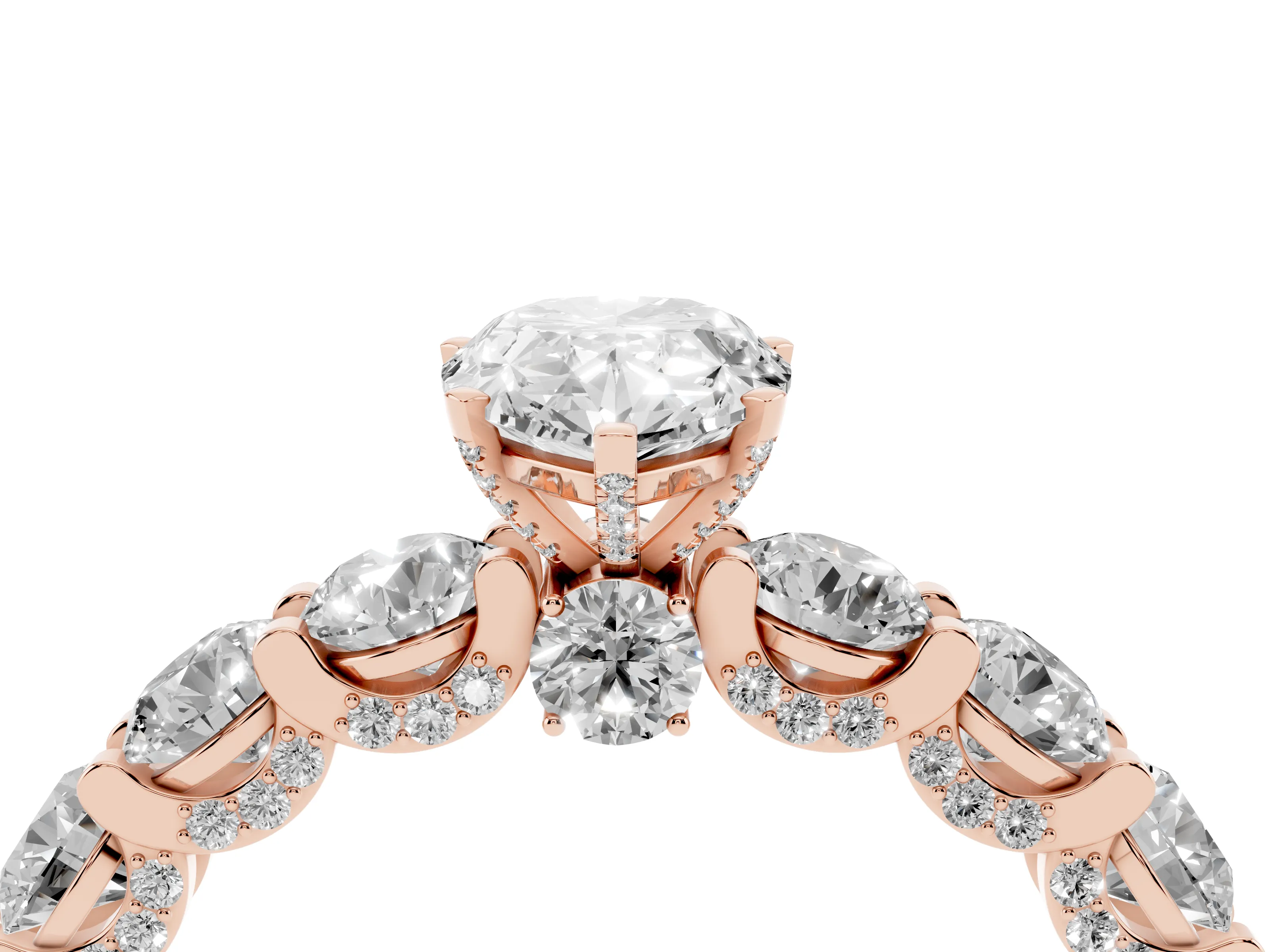 Pear Cut Diamond Side Stone Ring Set in Rose gold with Alternating Round and Oval Side Stones