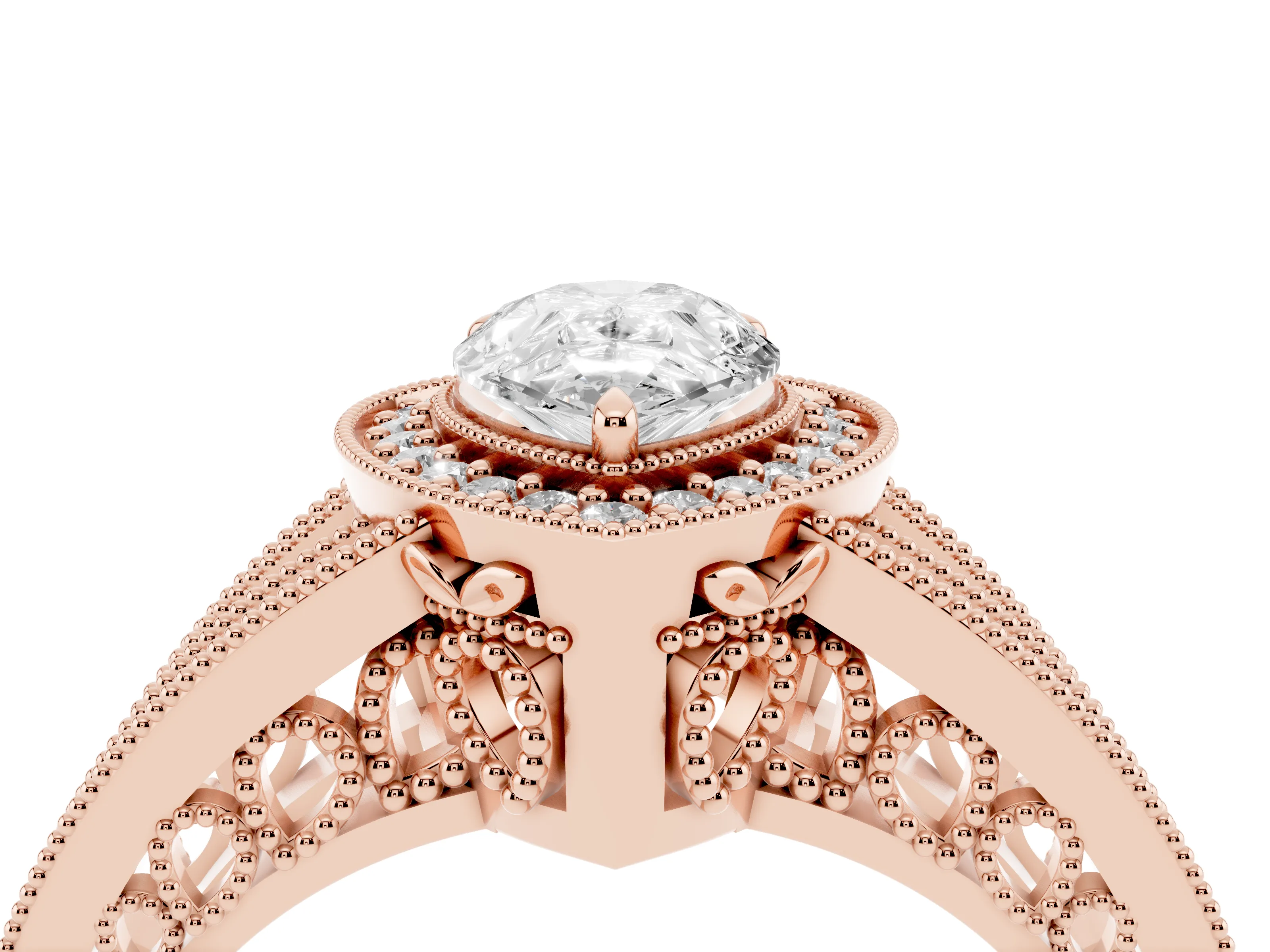 Pear Cut Diamond Halo Ring Set in Rose gold with Stone-Set Split Shank and Milgrain Edges