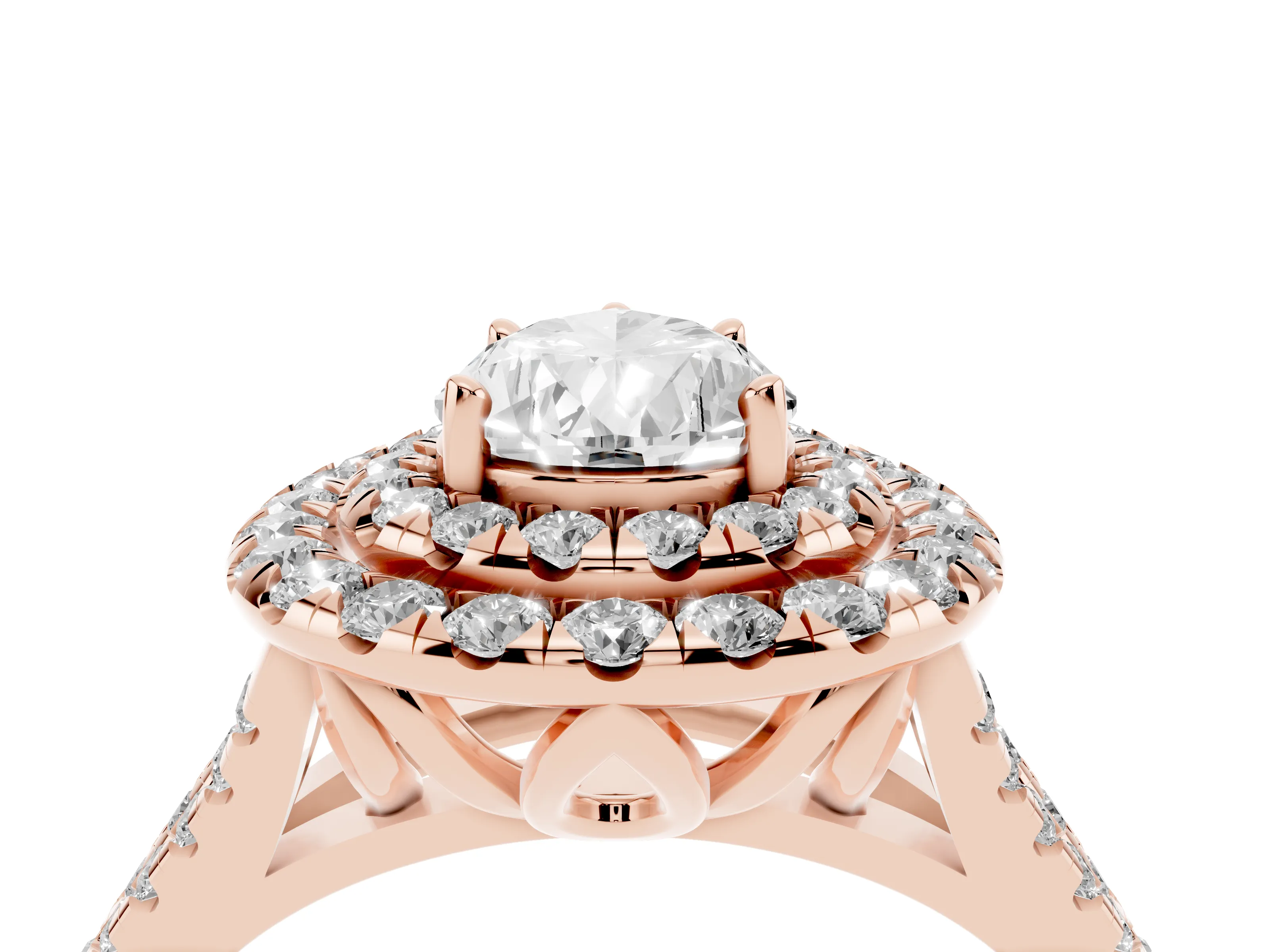 Pear Cut Diamond Double Halo Ring Set in Rose gold with Pavé Split Shank and Prong Setting