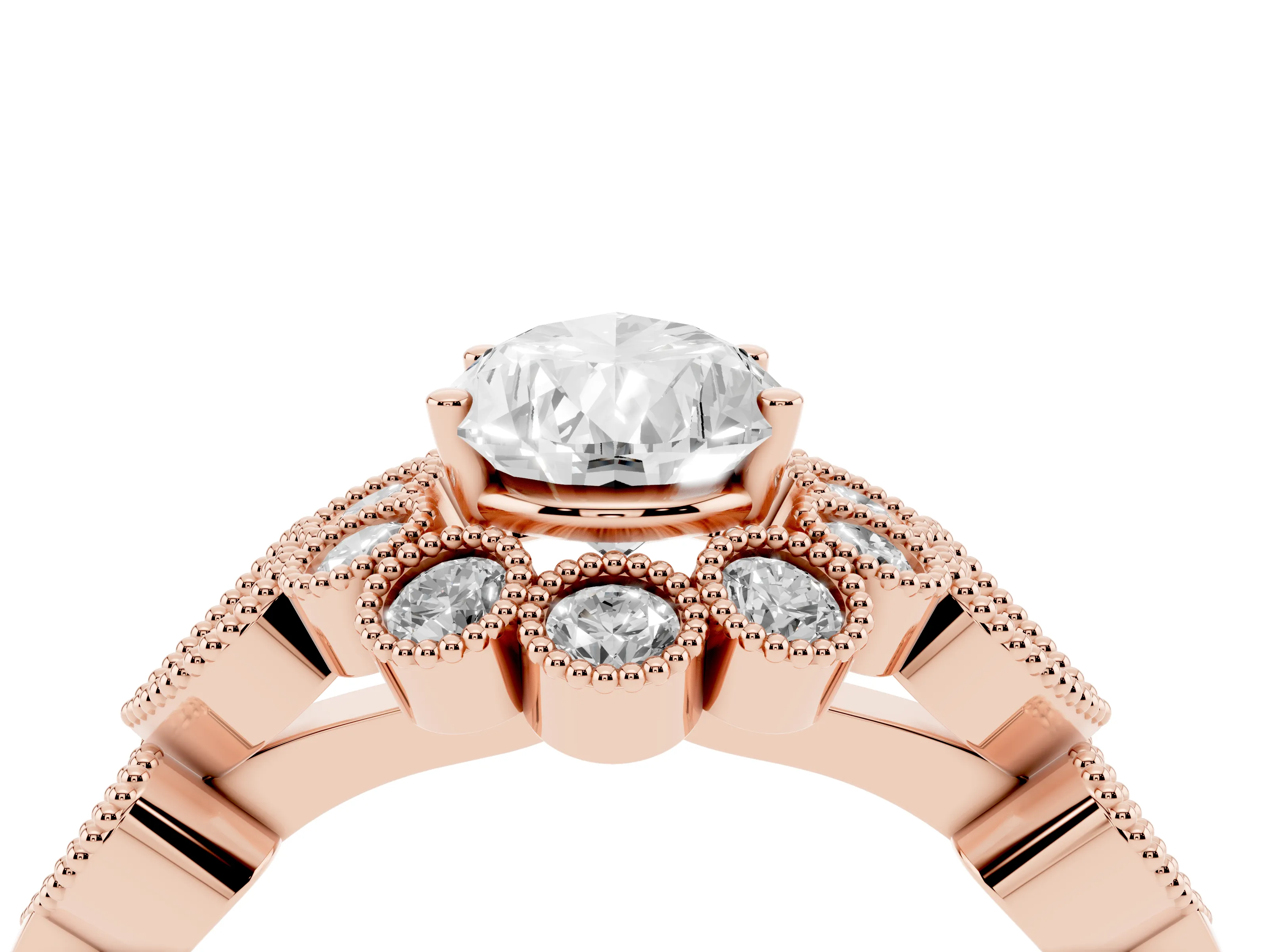 Pear Cut Diamond Solitaire Ring Set in Rose gold with Milgrain Pavé Heart Band