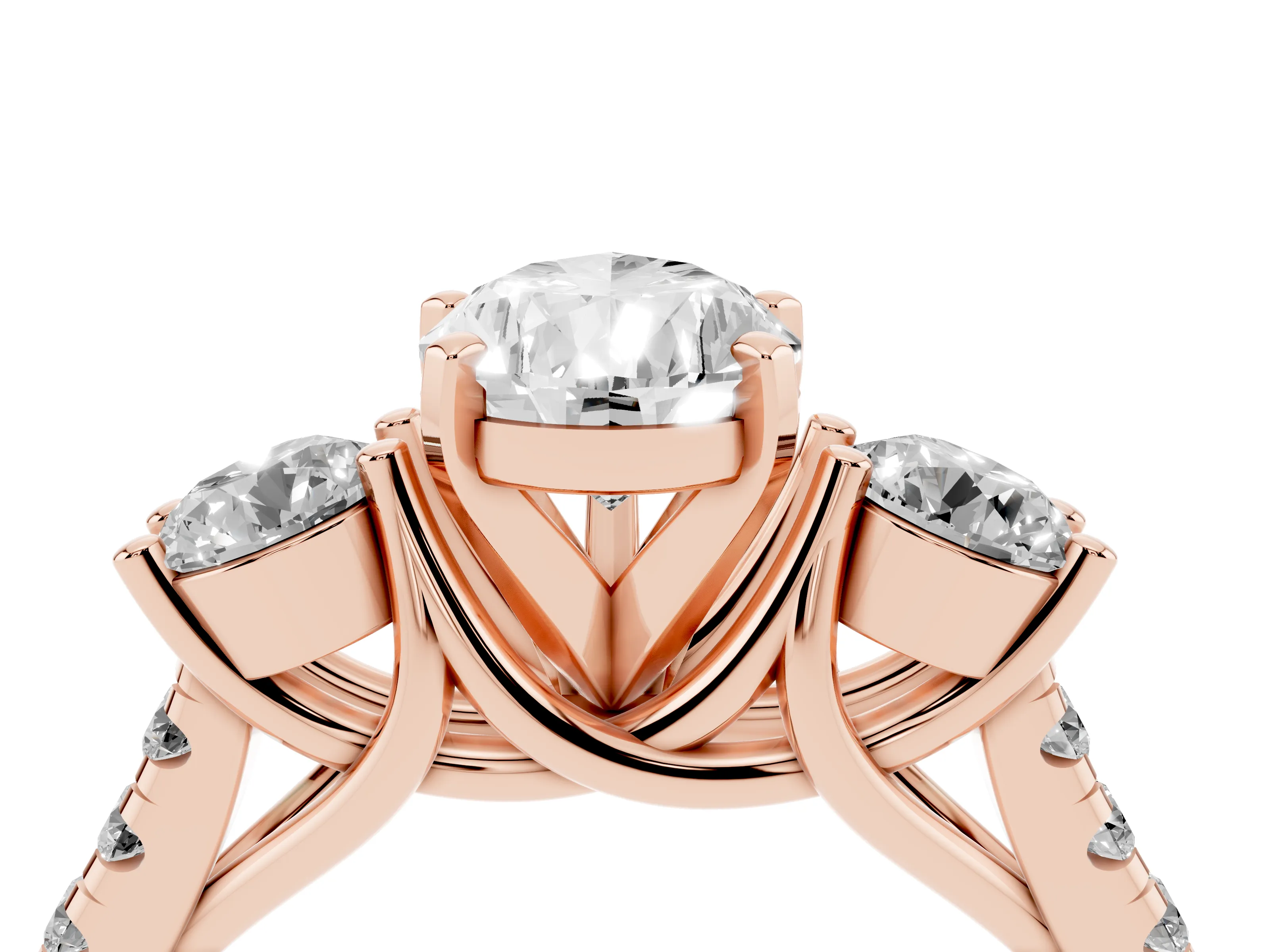 Three-Stone Pear Cut Diamond Pavé Band Ring Set in Rose gold with Prong-Set Trio