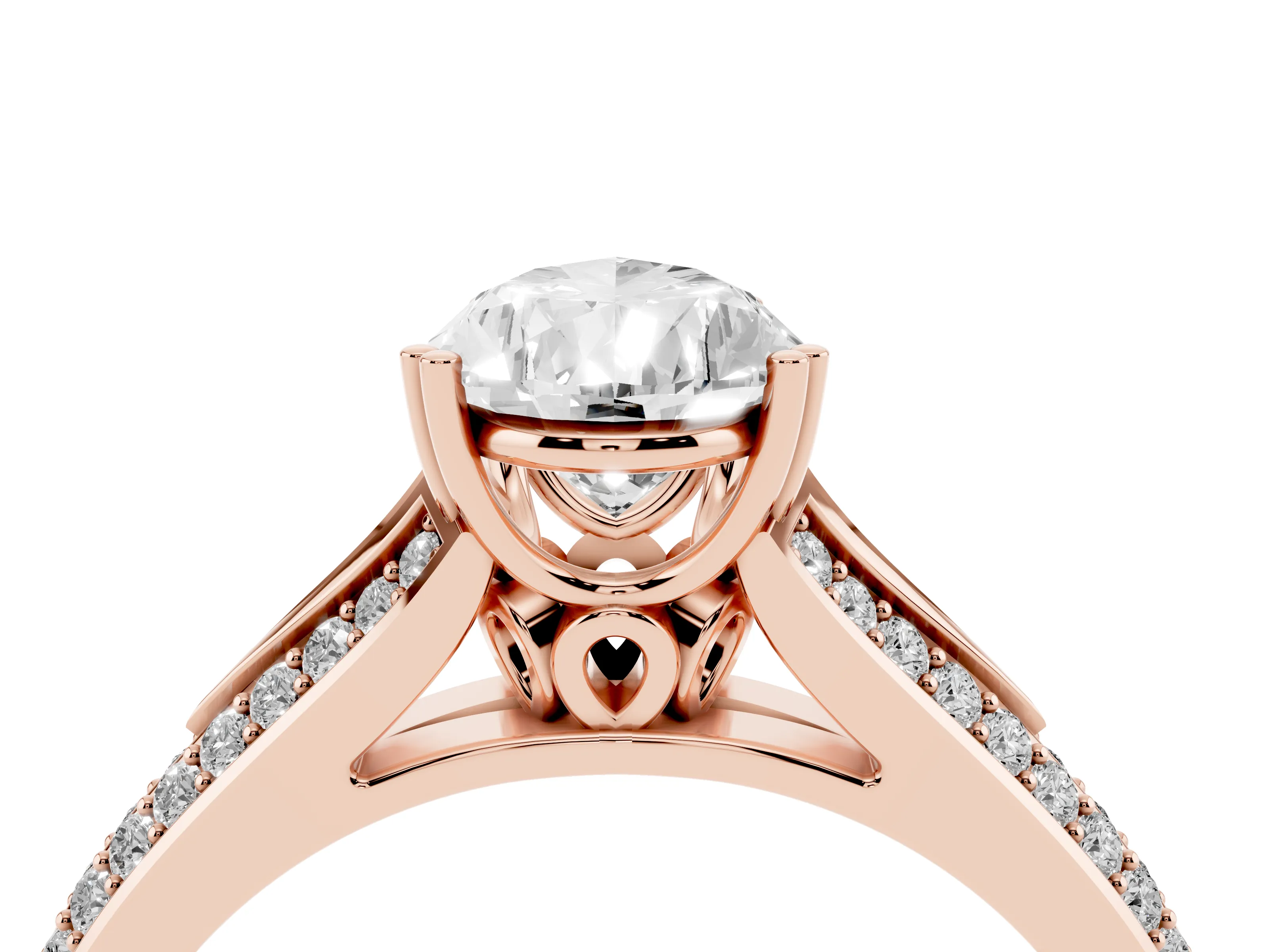 Pear Cut Diamond Split Shank Pavé Engagement Ring Set in Rose gold with Prong-Set Center Stone