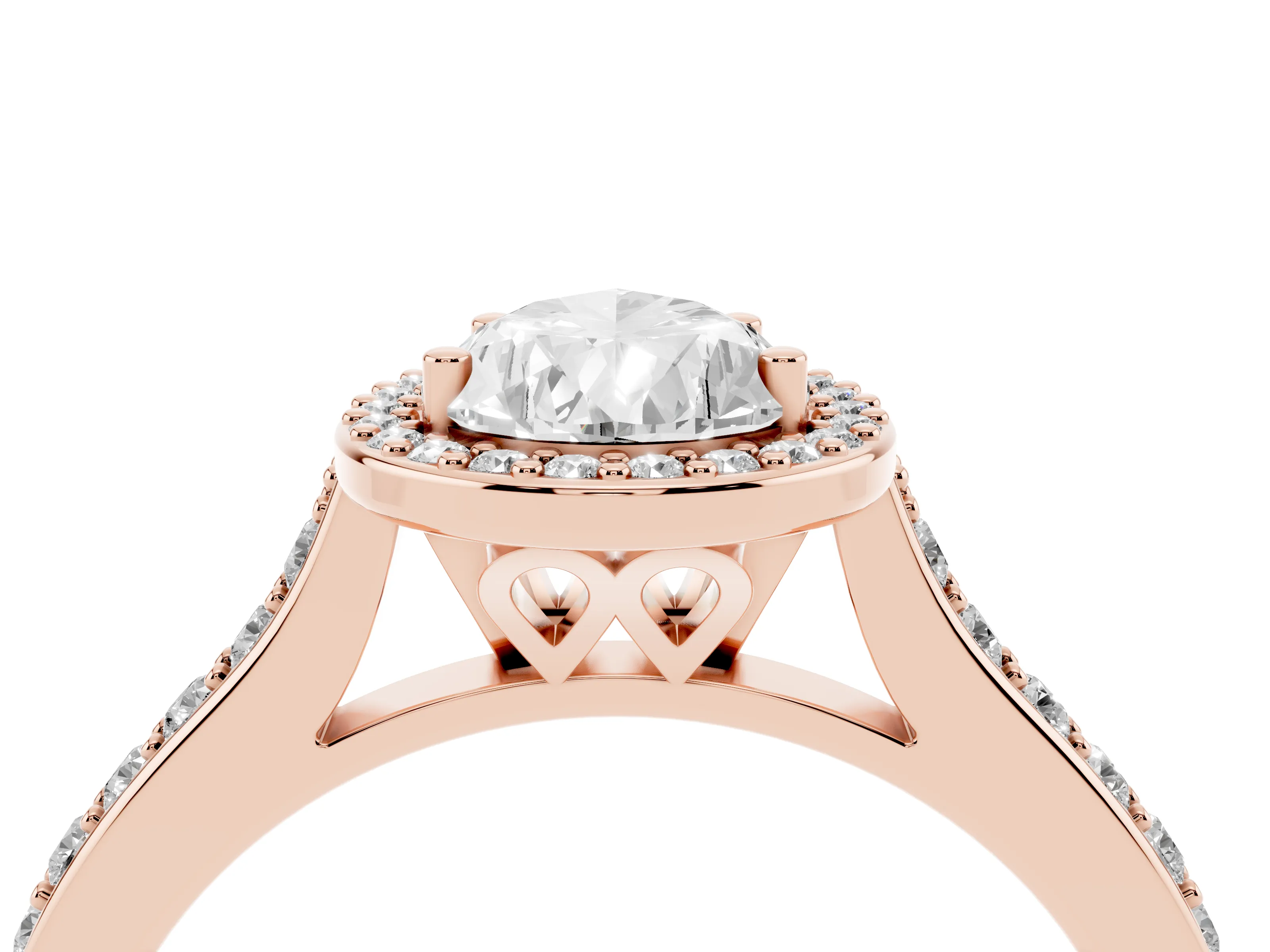 Pear Cut Diamond Halo Engagement Ring Set in Rose gold with Round Pavé Shoulders and Heart Gallery