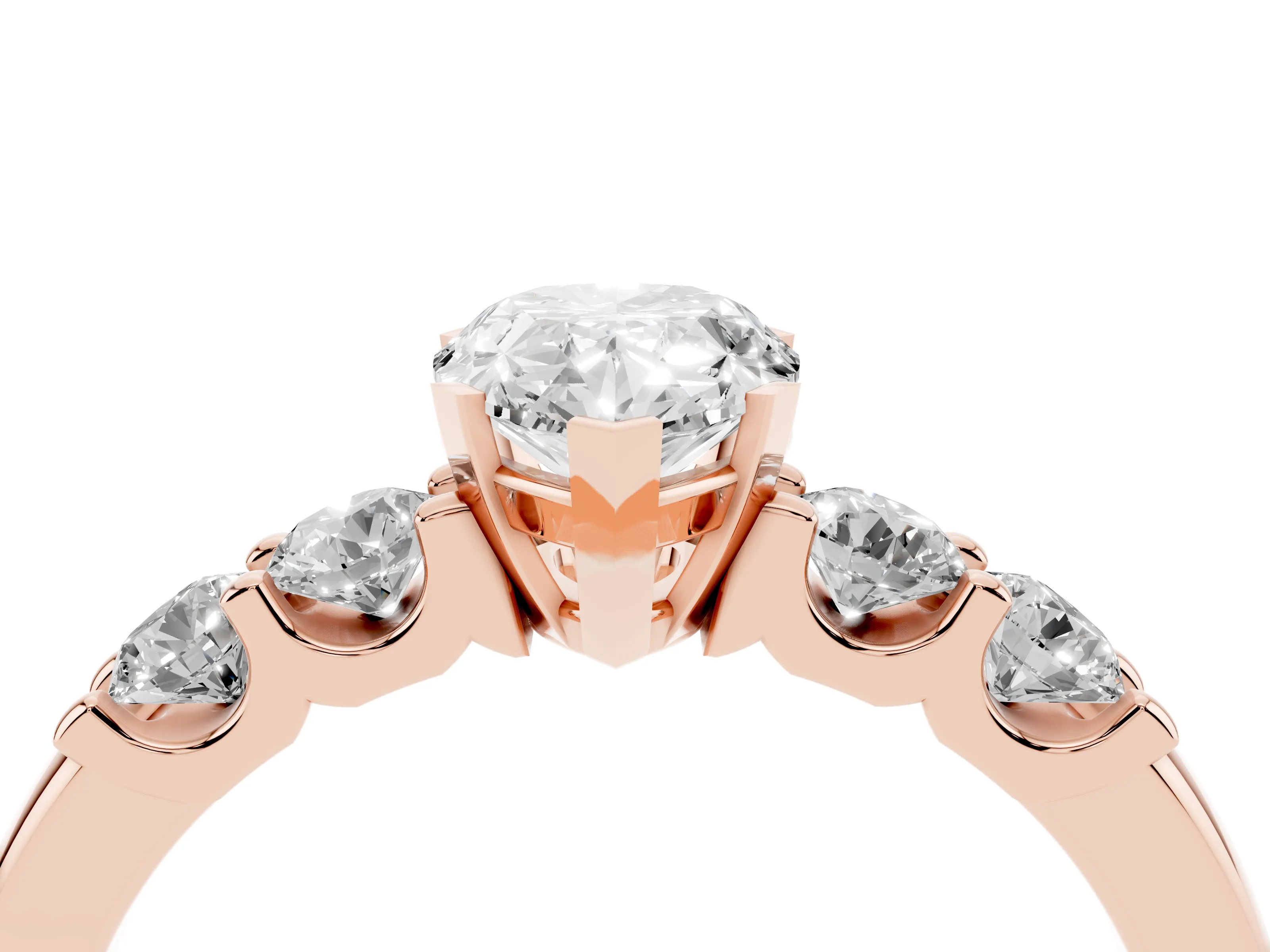 Pear Cut Diamond Five-Stone Prong Set Engagement Ring Set in Rose gold with Channel Band