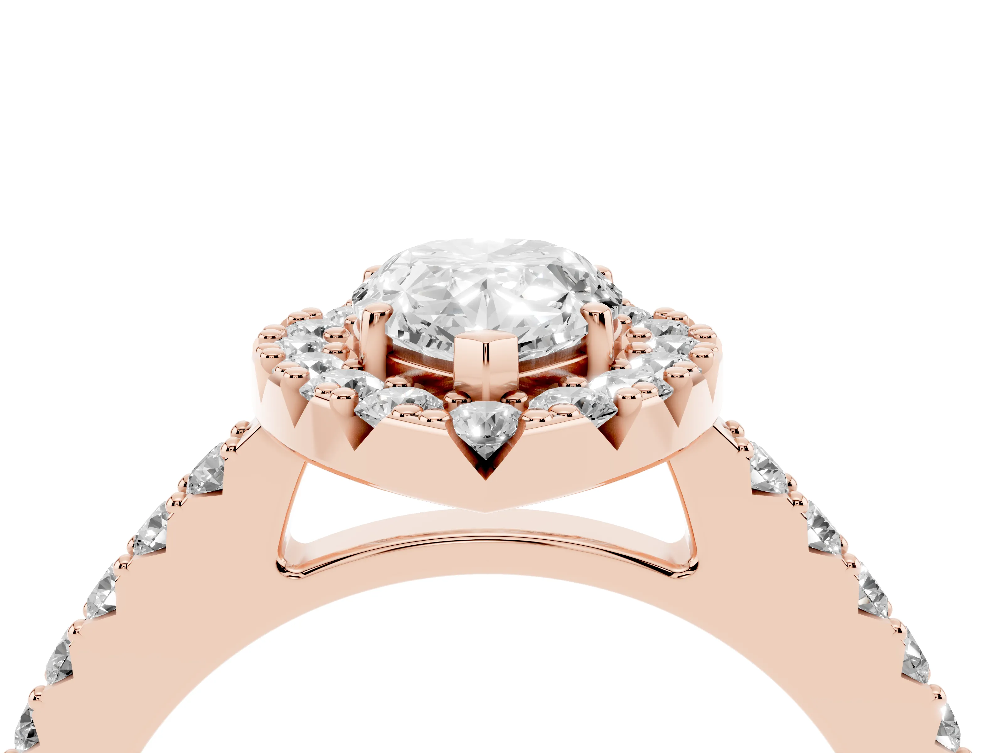 Pear Cut Diamond Halo Pavé Solitaire Ring Set in Rose gold with Prong-Set Center Stone