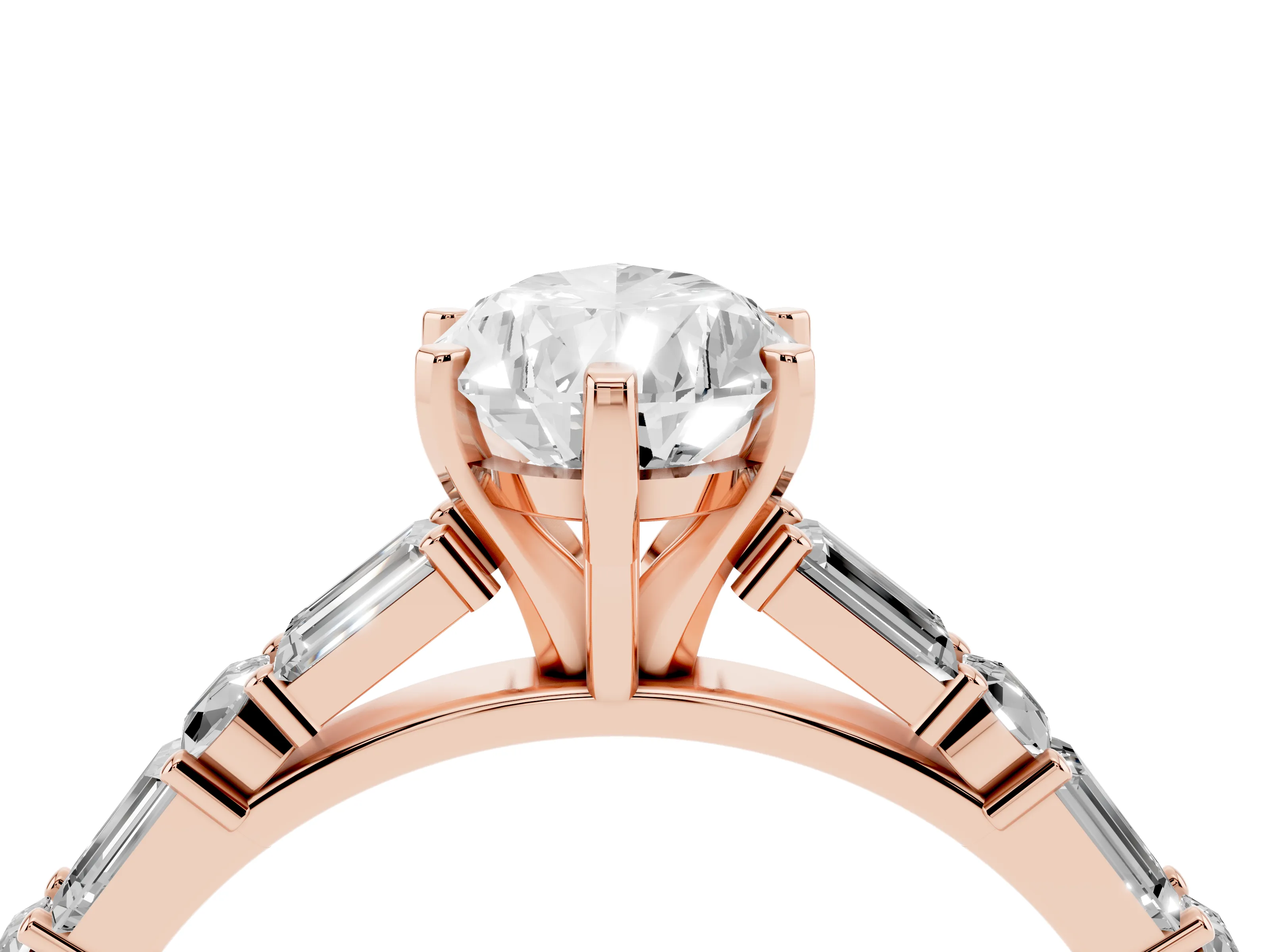 Pear Cut Diamond Solitaire Set in Rose gold with Side Baguettes and Channel Set Band
